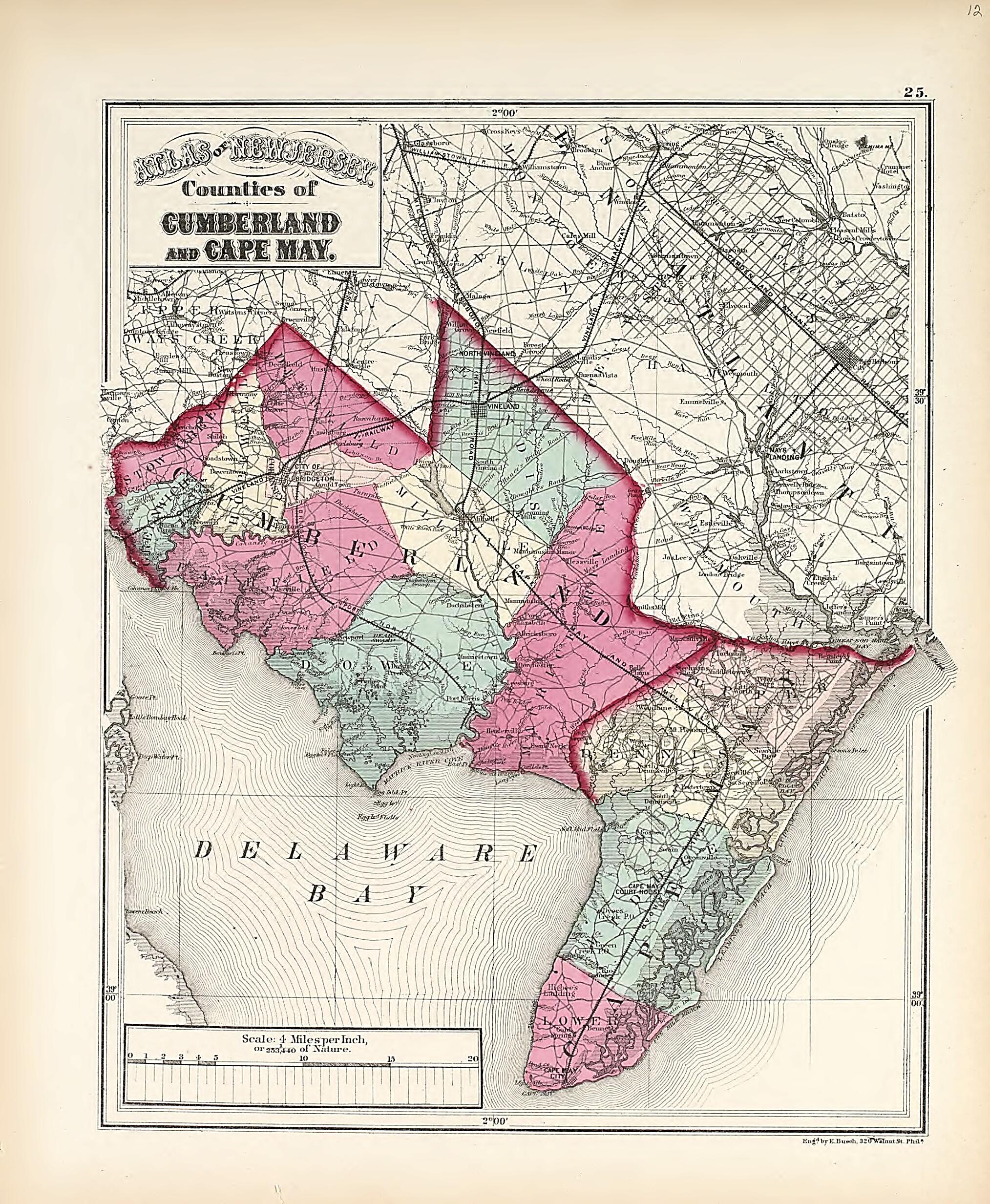 This old map of Counties of Cumberland and Cape May from Atlas of the Late Township of Greenville, and the State of New Jersey from 1873 was created by Griffith Morgan Hopkins in 1873