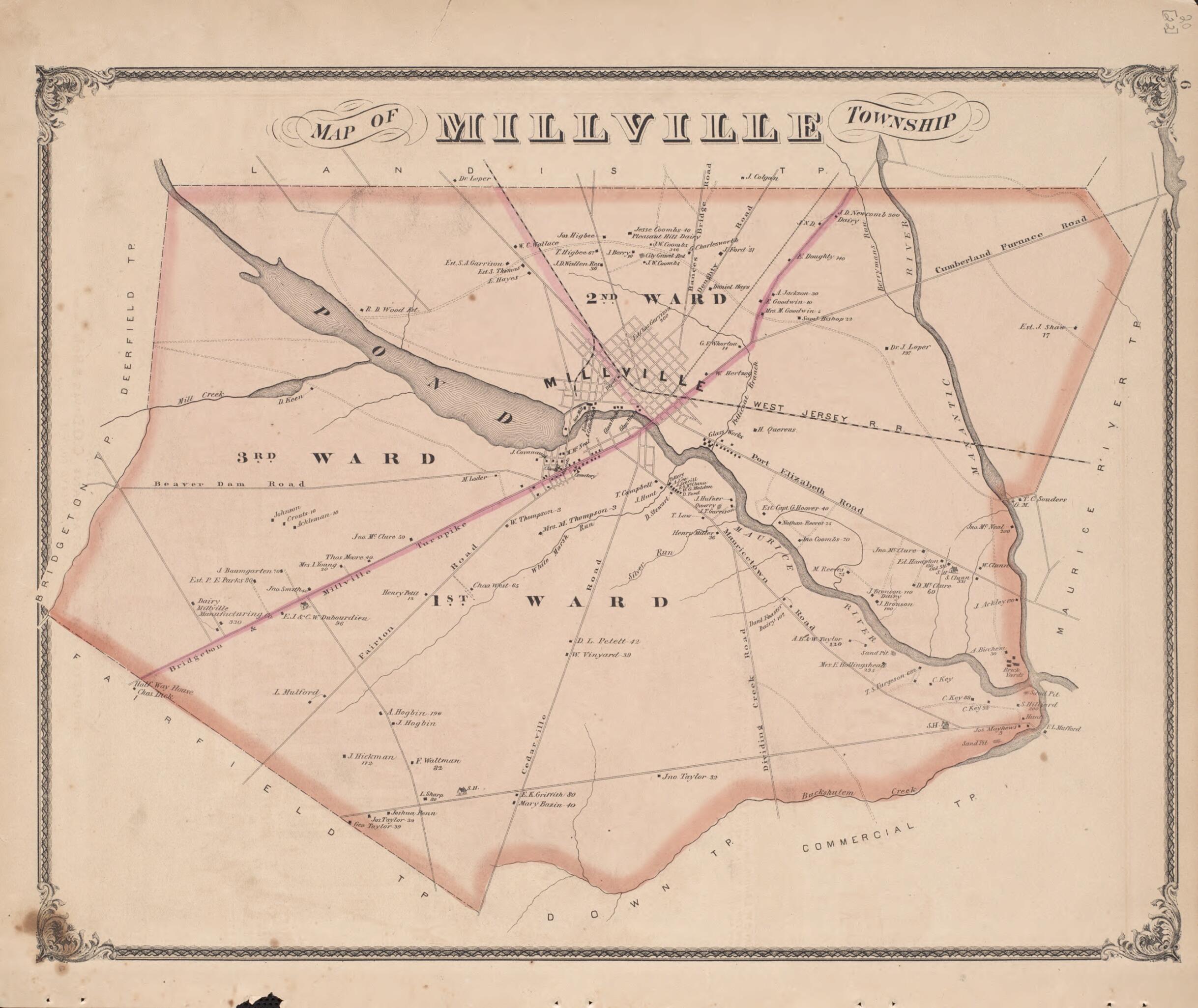 This old map of Millville Township from New Historical Atlas of Cumberland Co., New Jersey : from 1876 was created by D. J. Stewart in 1876