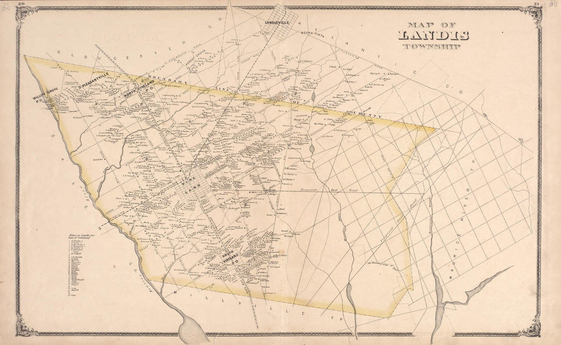 This old map of Landis Township from New Historical Atlas of Cumberland Co., New Jersey : from 1876 was created by D. J. Stewart in 1876