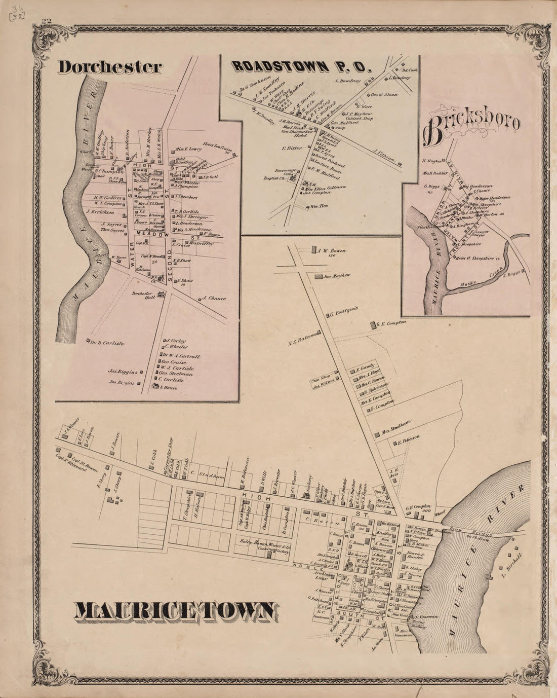 This old map of Dorchester, Roadstown P.O., Bricksboro, Mauricetown from New Historical Atlas of Cumberland Co., New Jersey : from 1876 was created by D. J. Stewart in 1876
