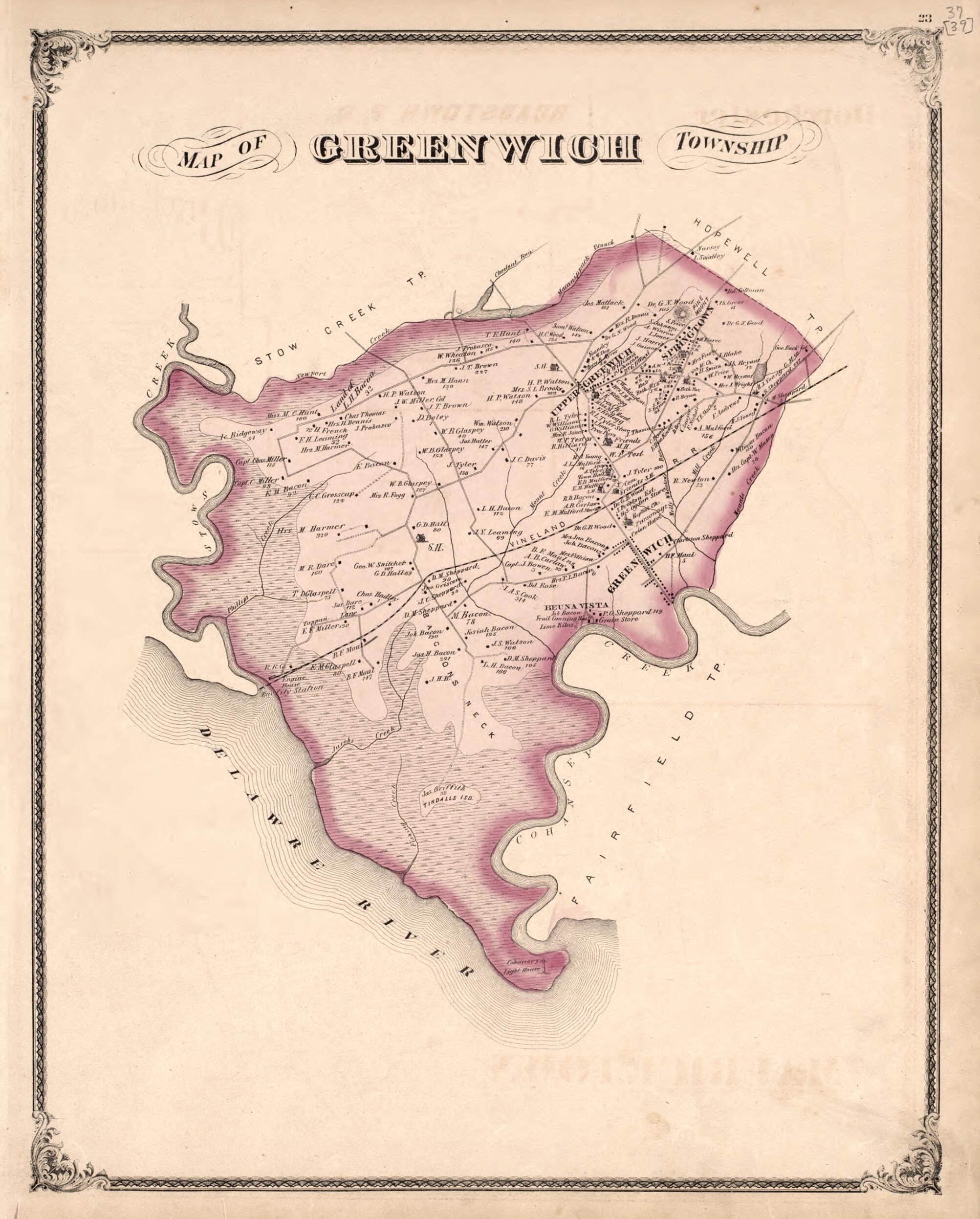 This old map of Greenwich Township from New Historical Atlas of Cumberland Co., New Jersey : from 1876 was created by D. J. Stewart in 1876