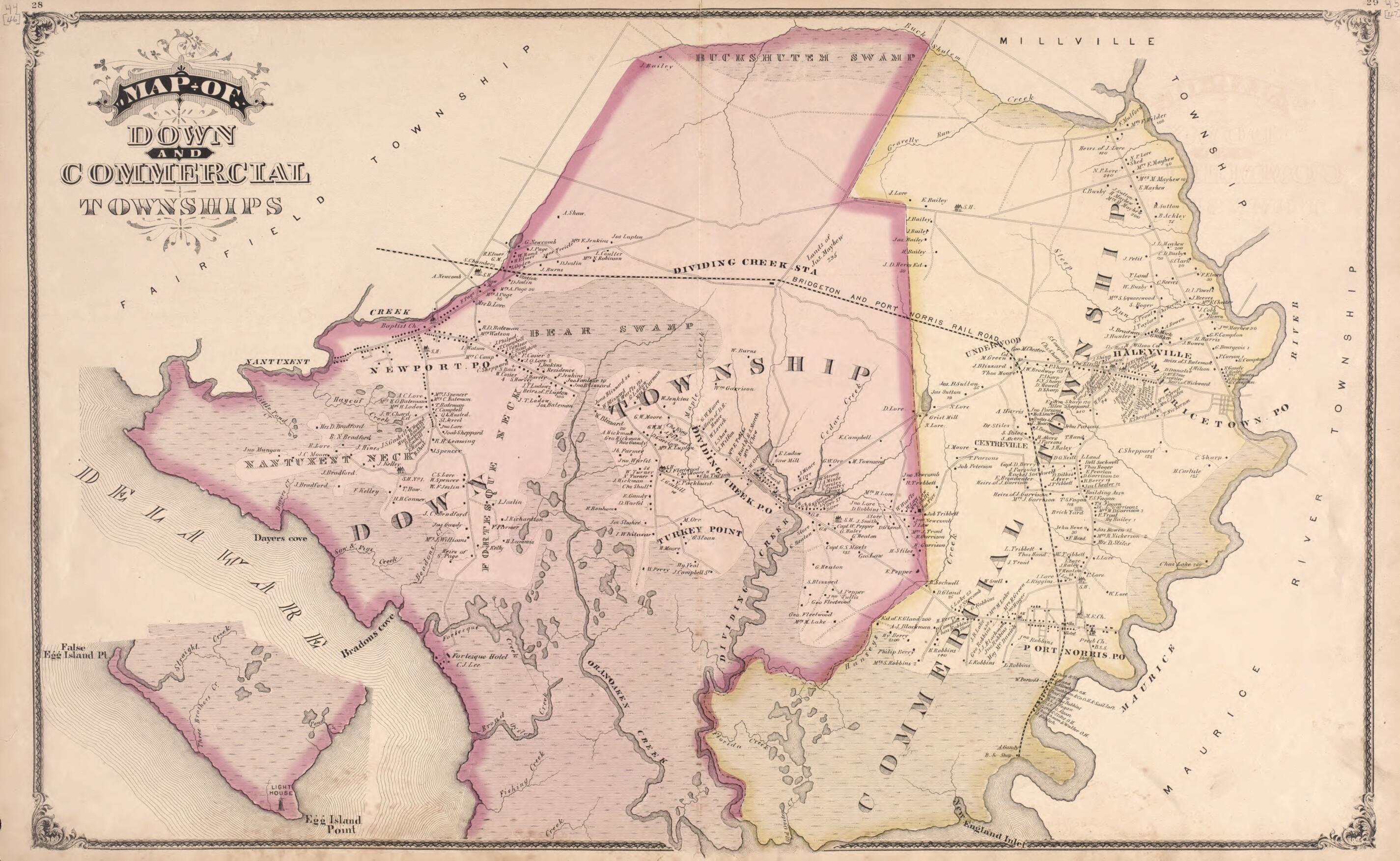 This old map of Down and Commerical Townships from New Historical Atlas of Cumberland Co., New Jersey : from 1876 was created by D. J. Stewart in 1876