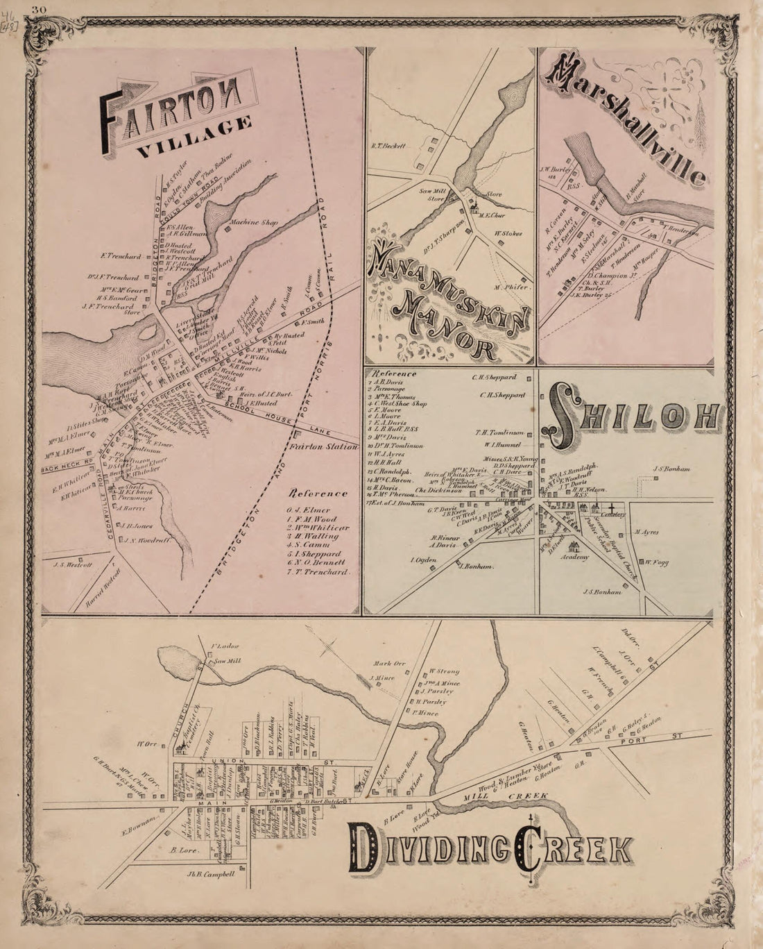 This old map of Fairton Village, Manamuskin Manor, Marshallville, Shiloh, Dividing Creek from New Historical Atlas of Cumberland Co., New Jersey : from 1876 was created by D. J. Stewart in 1876