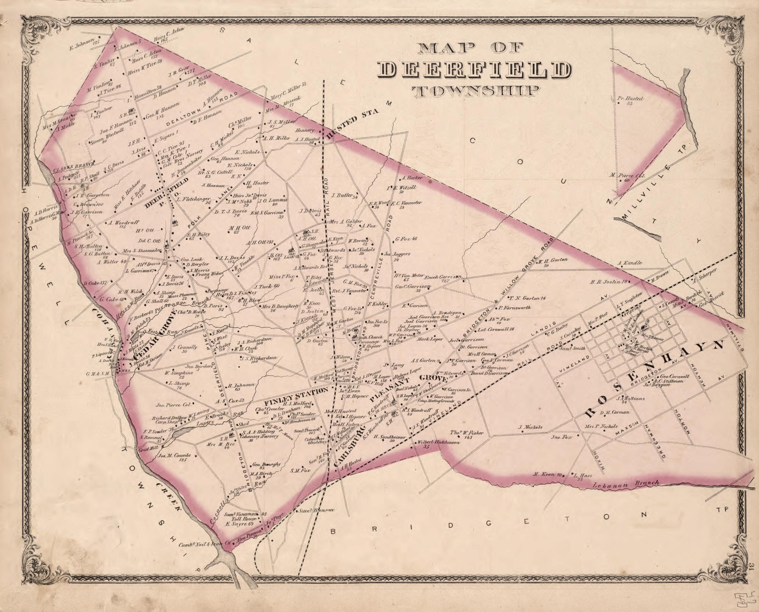This old map of Deerfield Township from New Historical Atlas of Cumberland Co., New Jersey : from 1876 was created by D. J. Stewart in 1876