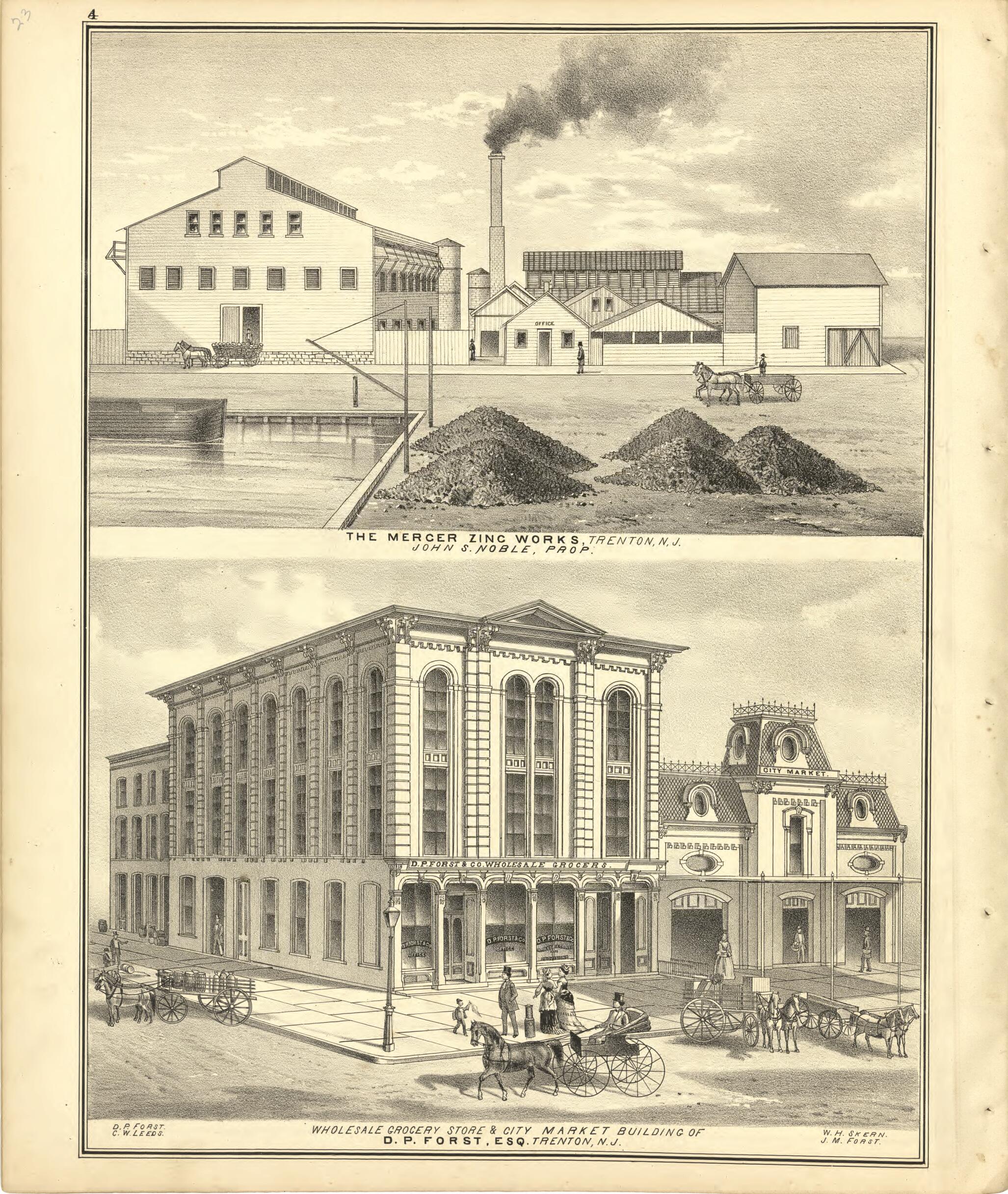 The Mercer Zinc Works and Wholesale Grocery Store & City Market Building from New Historical Atlas of Mercer County, New Jersey : 1875 by Relic Map Company