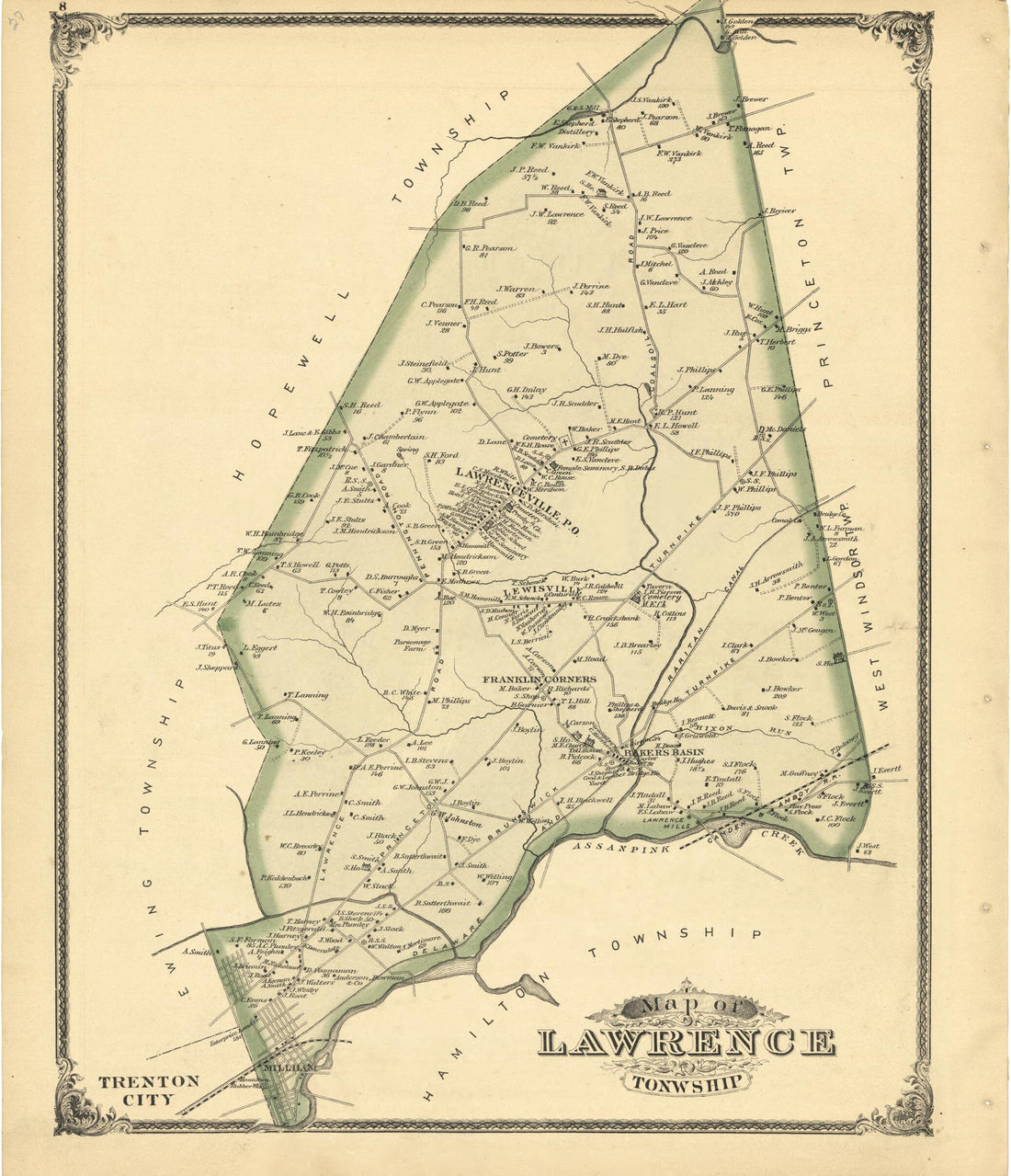 This old map of Map of Lawrence Township from New Historical Atlas of Mercer County, New Jersey : from 1875 was created by Thomas Hunter in 1875