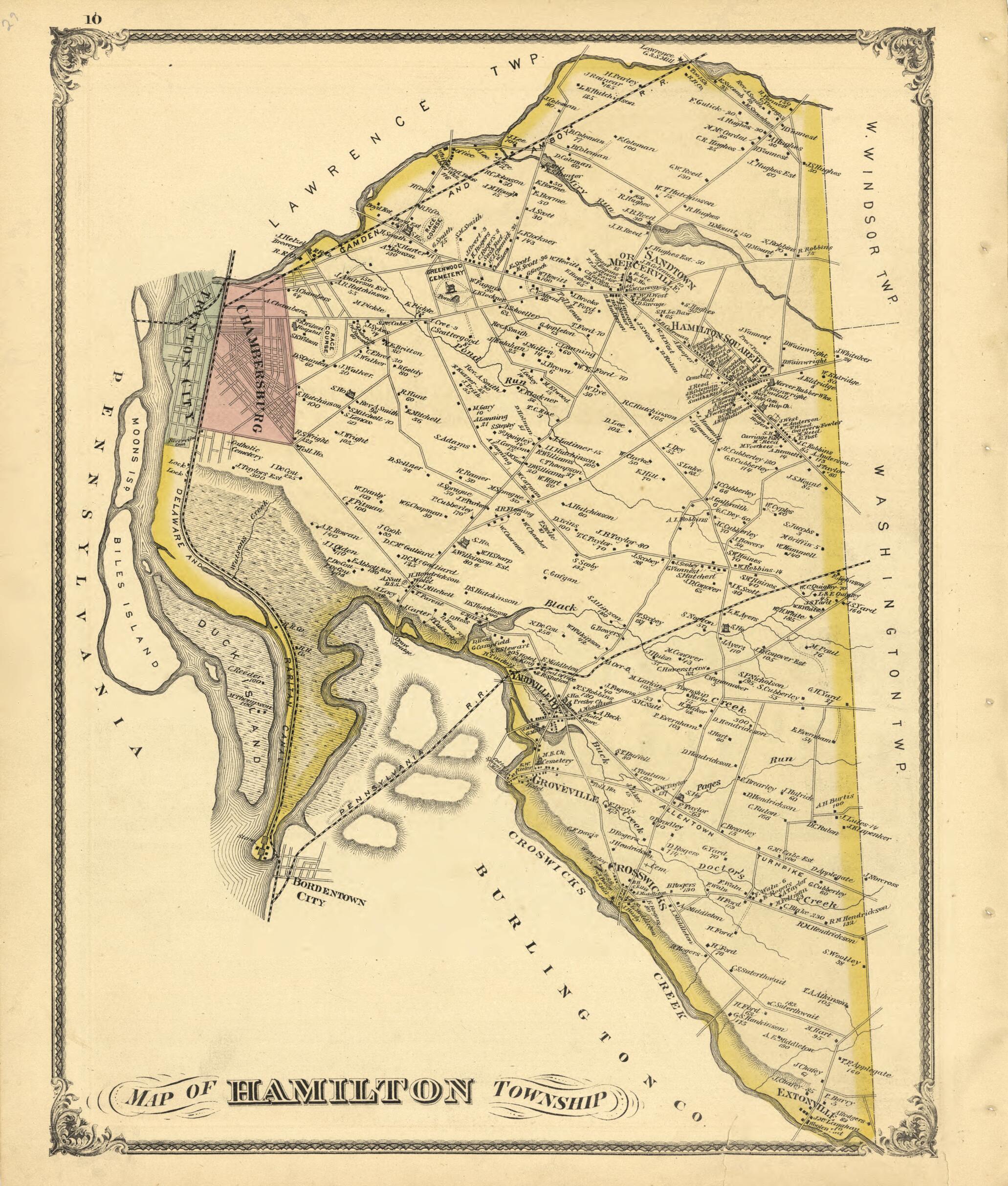 This old map of Map of Hamilton Township from New Historical Atlas of Mercer County, New Jersey : from 1875 was created by Thomas Hunter in 1875