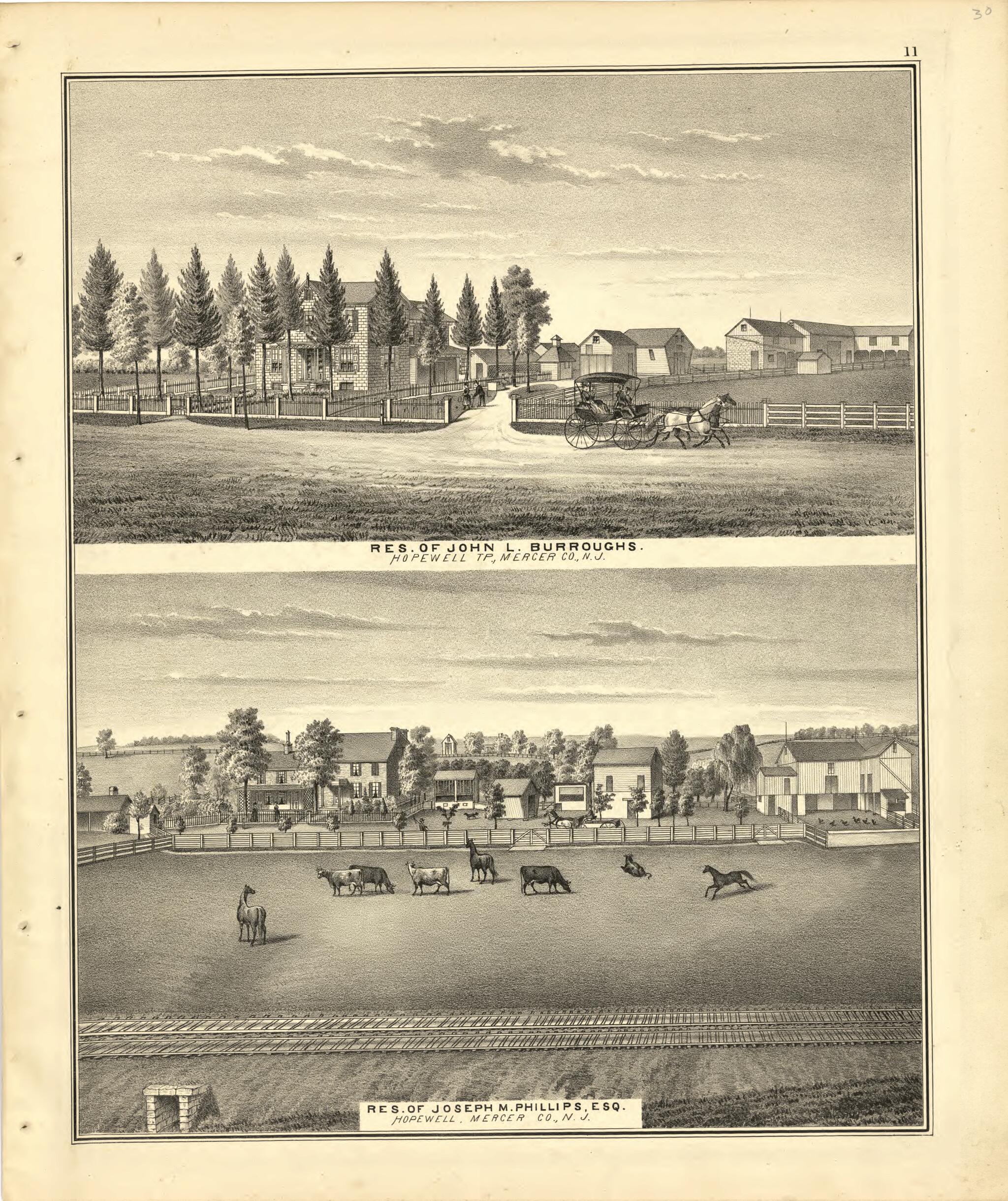 This old map of Res. of John L. Burroughs and Res. of Joseph M. Phillips, ESQ from New Historical Atlas of Mercer County, New Jersey : from 1875 was created by Thomas Hunter in 1875