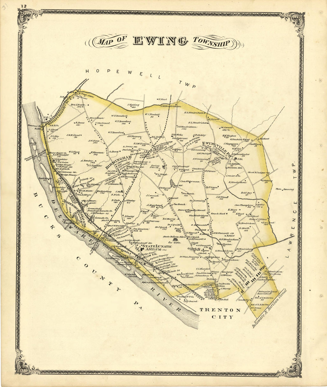 This old map of Map of Ewing Township from New Historical Atlas of Mercer County, New Jersey : from 1875 was created by Thomas Hunter in 1875