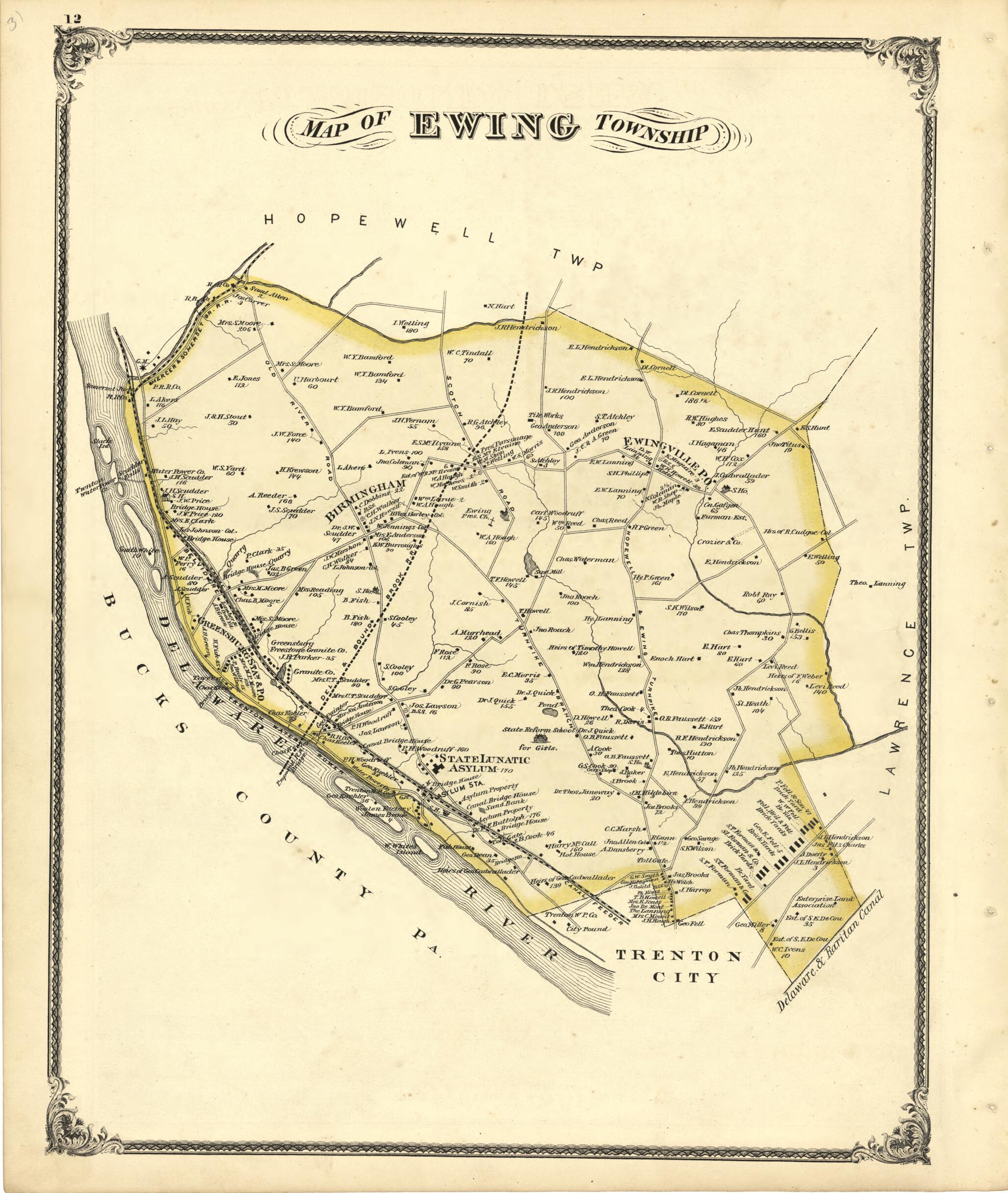 This old map of Map of Ewing Township from New Historical Atlas of Mercer County, New Jersey : from 1875 was created by Thomas Hunter in 1875