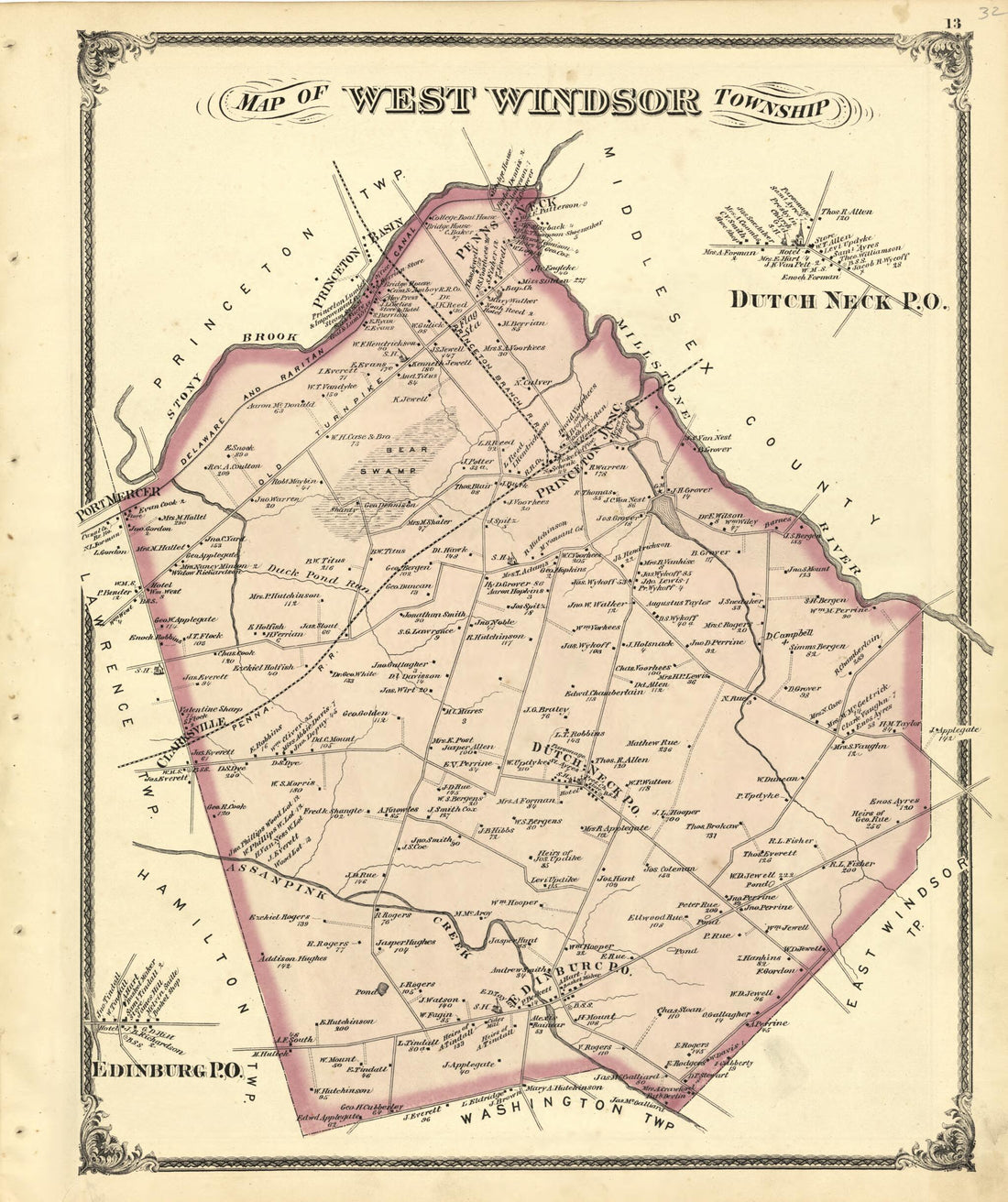 This old map of Map of West Windsor Township from New Historical Atlas of Mercer County, New Jersey : from 1875 was created by Thomas Hunter in 1875