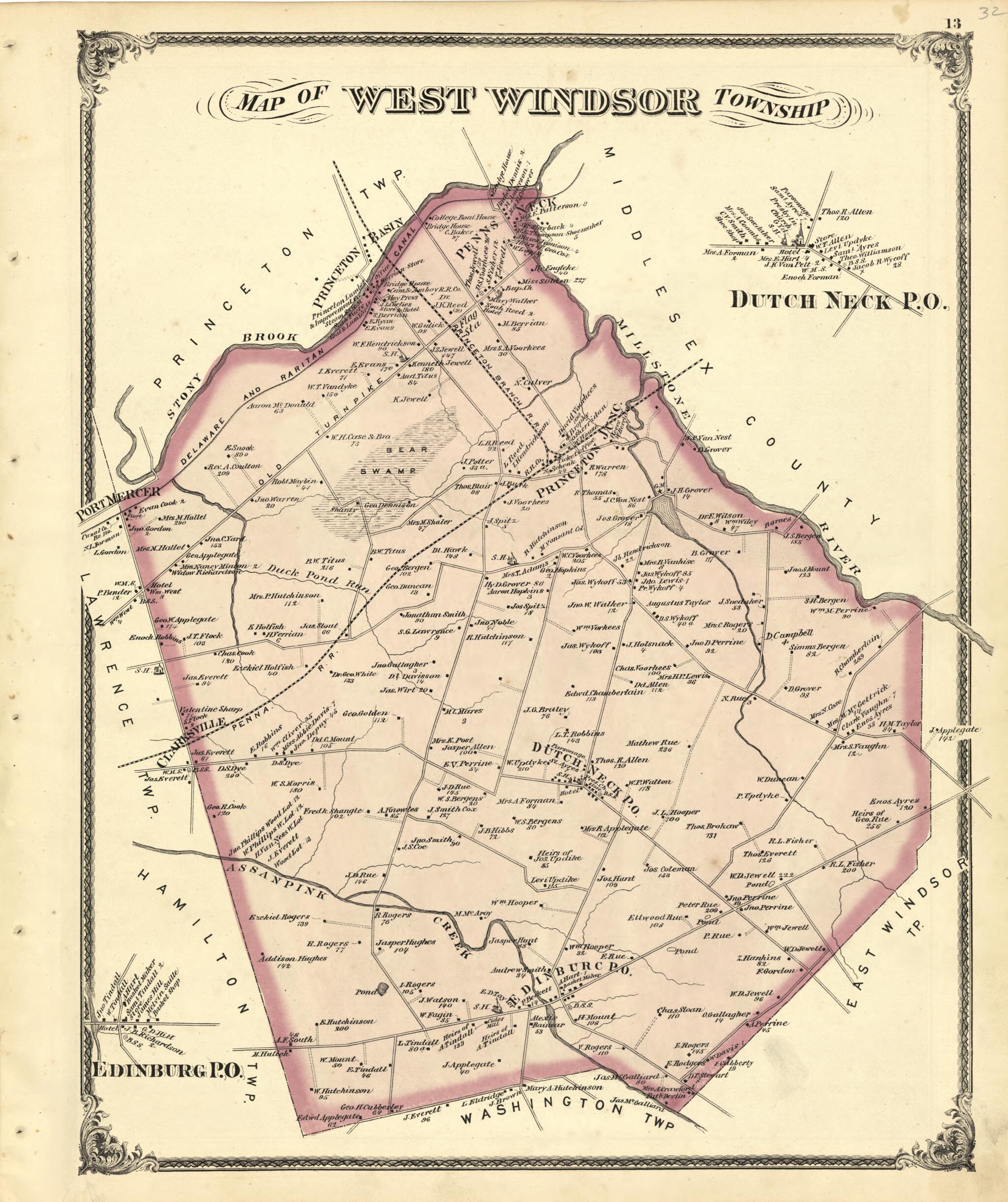 This old map of Map of West Windsor Township from New Historical Atlas of Mercer County, New Jersey : from 1875 was created by Thomas Hunter in 1875