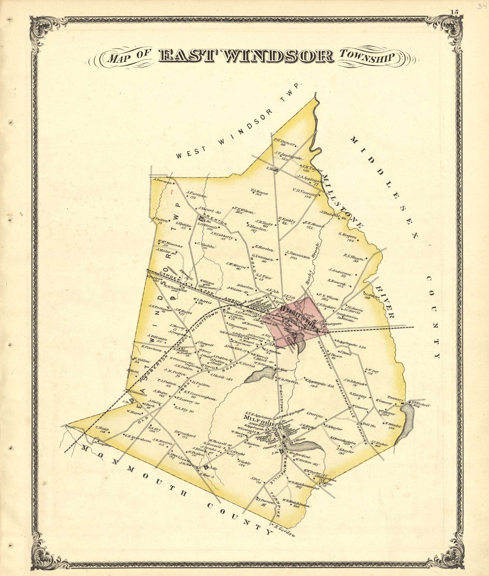 This old map of Map of East Windsor Township from New Historical Atlas of Mercer County, New Jersey : from 1875 was created by Thomas Hunter in 1875