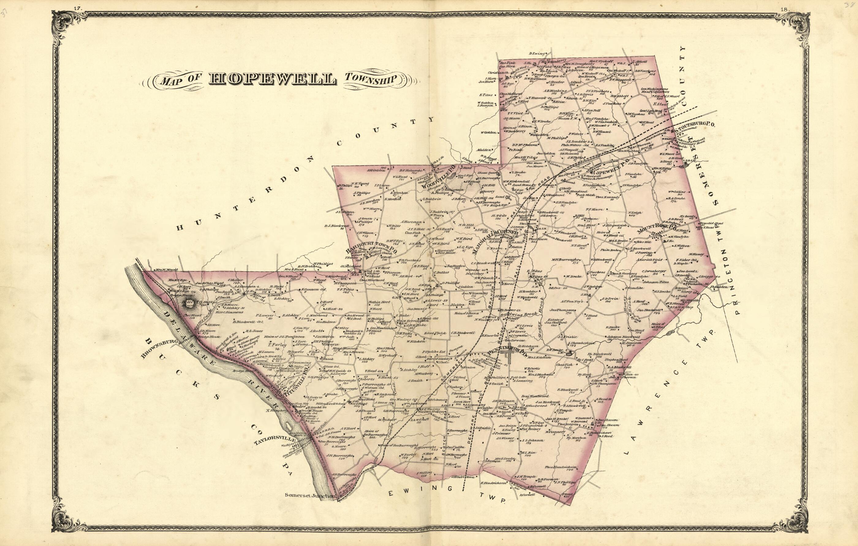 This old map of Map of Hopewell Township from New Historical Atlas of Mercer County, New Jersey : from 1875 was created by Thomas Hunter in 1875