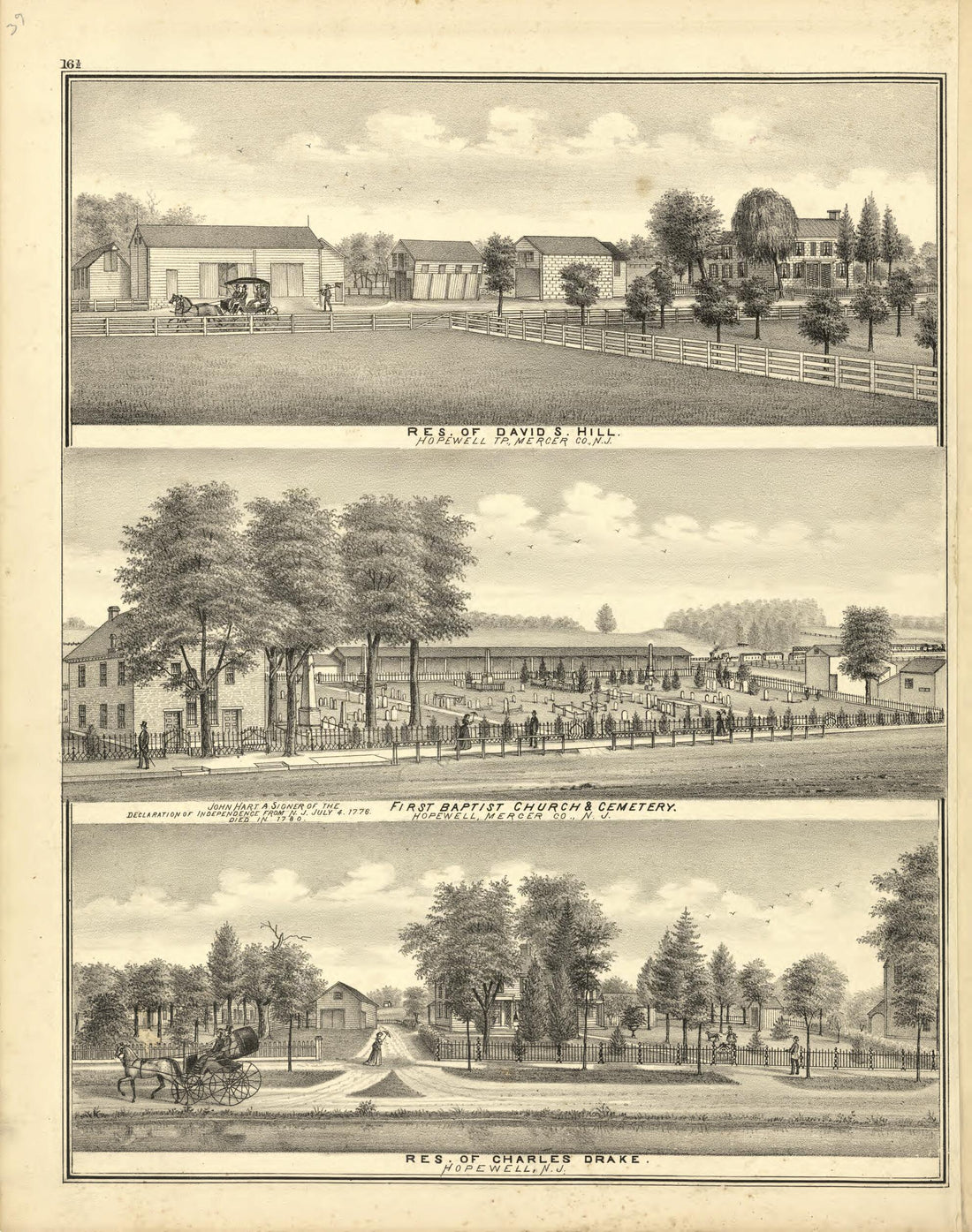 This old map of Residences: Hill & Drake and First Baptist Church & Cemetery from New Historical Atlas of Mercer County, New Jersey : from 1875 was created by Thomas Hunter in 1875
