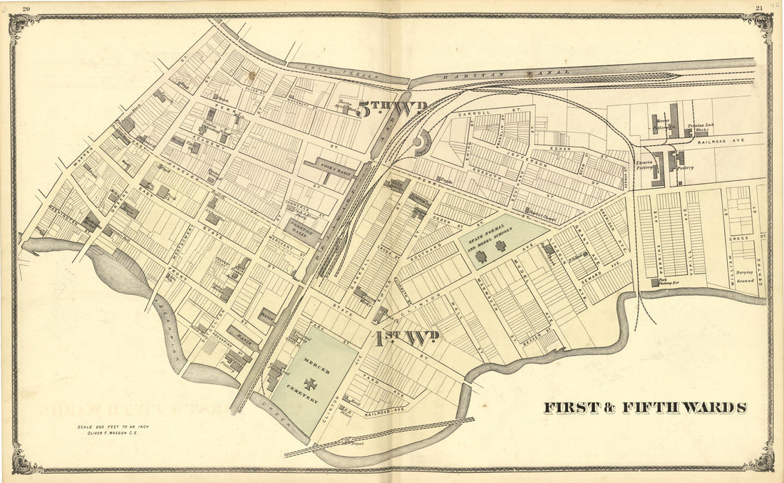 This old map of Map of First & Fifth Wards from New Historical Atlas of Mercer County, New Jersey : from 1875 was created by Thomas Hunter in 1875