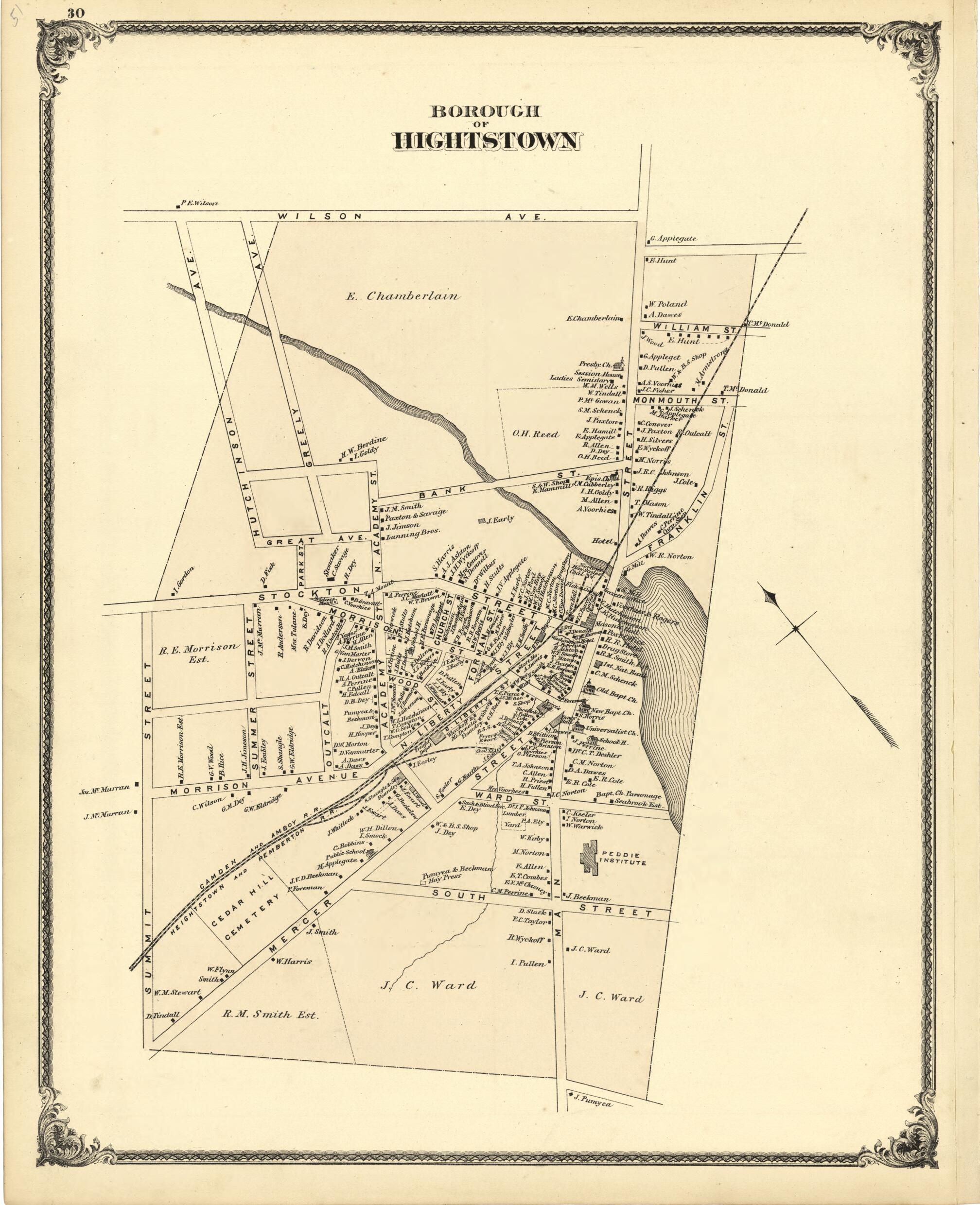 This old map of Map of the Borough of Hightstown from New Historical Atlas of Mercer County, New Jersey : from 1875 was created by Thomas Hunter in 1875