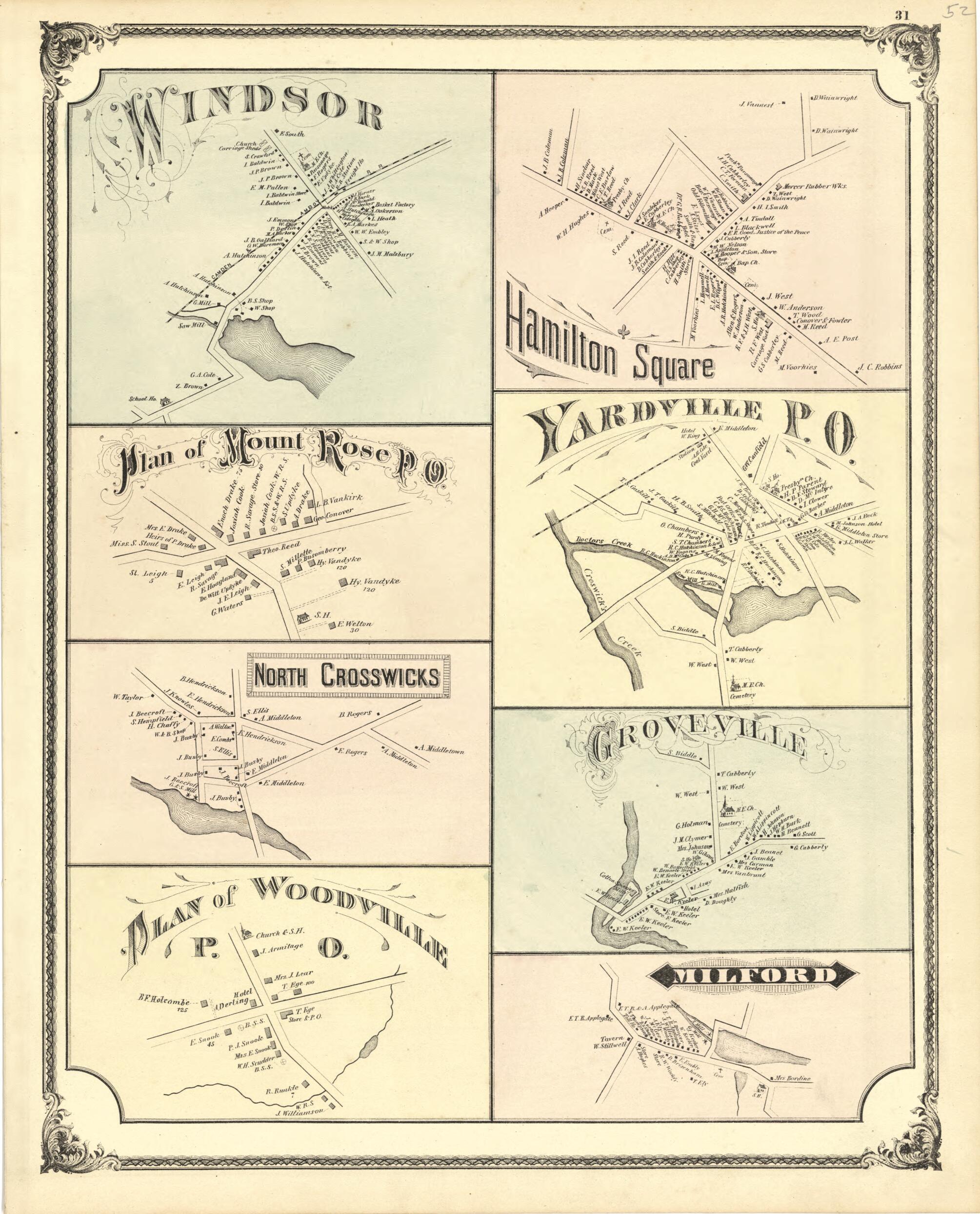 This old map of Windsor, Hamilton Sq., Mount Rose, Yardville, No. Crosswicks, Groveville, Others from New Historical Atlas of Mercer County, New Jersey : from 1875 was created by Thomas Hunter in 1875