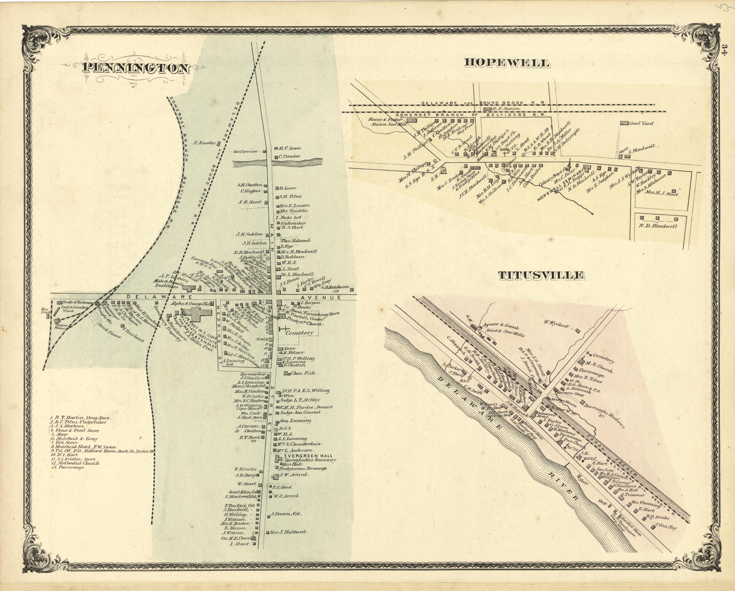 This old map of Maps of Pennington, Hopewell and Titusville from New Historical Atlas of Mercer County, New Jersey : from 1875 was created by Thomas Hunter in 1875