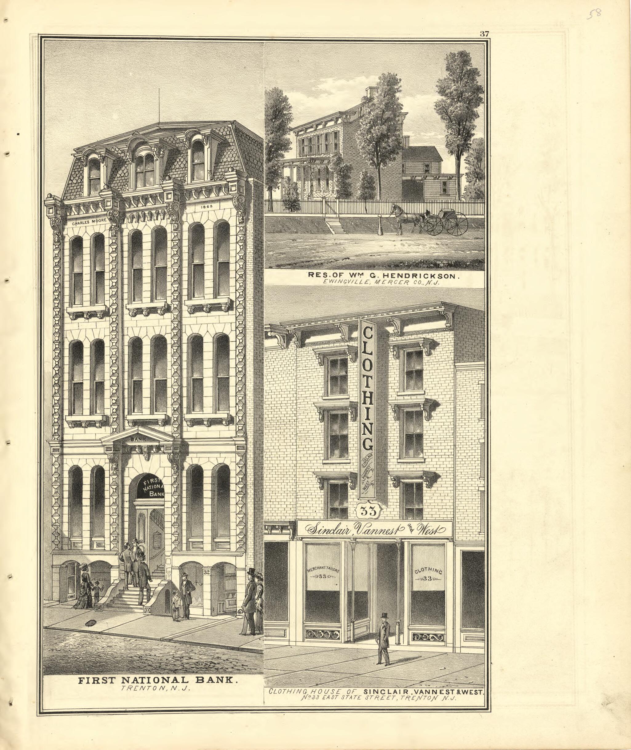 This old map of First National Bank; Res: Hendrickson; Clothing House of Sinclair Vannest & West from New Historical Atlas of Mercer County, New Jersey : from 1875 was created by Thomas Hunter in 1875