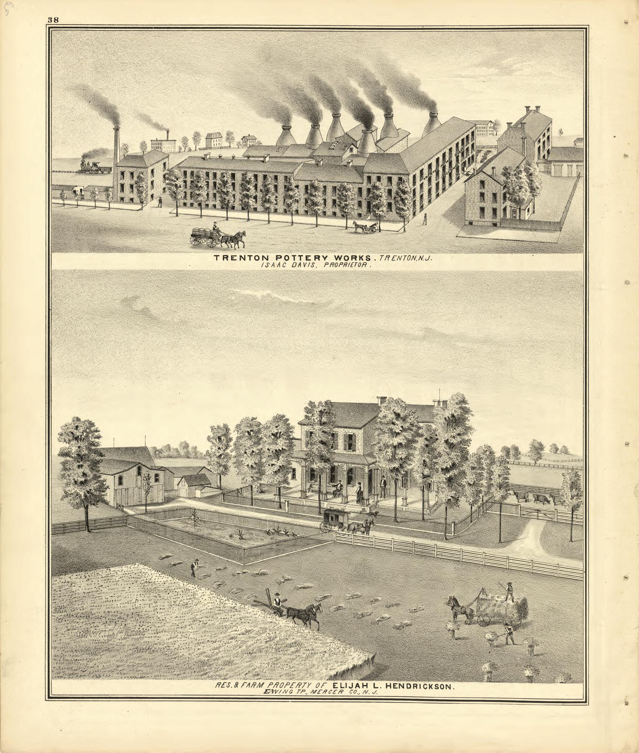 This old map of Trenton Pottery Works and Res. & Farm Property of Elijah L. Hendrickson. from New Historical Atlas of Mercer County, New Jersey : from 1875 was created by Thomas Hunter in 1875
