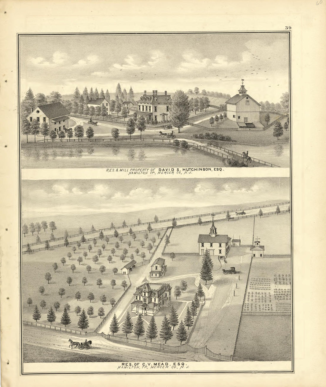 This old map of Residence & Mill Property of David S. Hutchinson & Residence of C.V. Mead from New Historical Atlas of Mercer County, New Jersey : from 1875 was created by Thomas Hunter in 1875