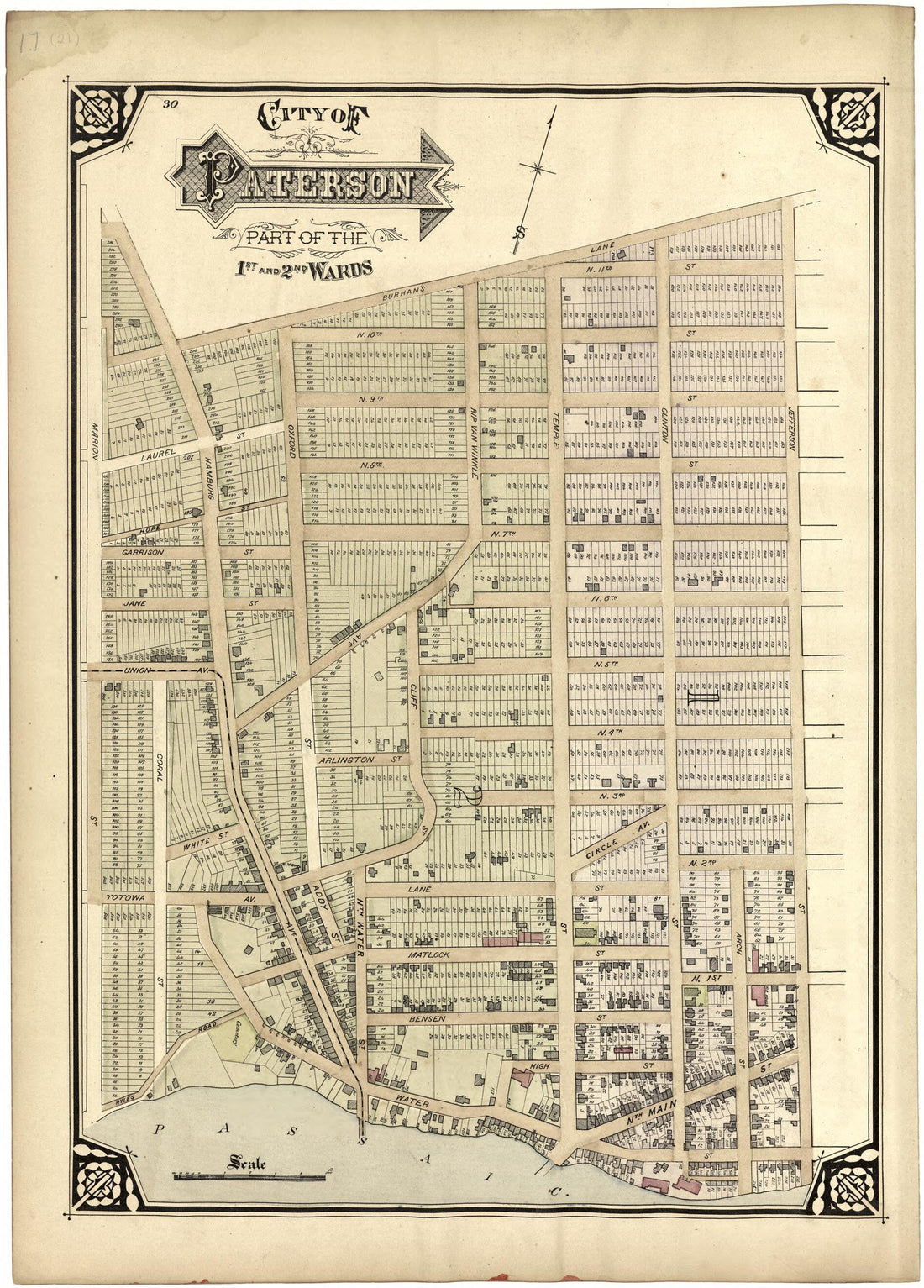 This old map of City of Paterson Part of the 1st and 2nd Wards from Atlas of Passaic County, New Jersey from 1877 was created by E.B. Hyde & Co in 1877