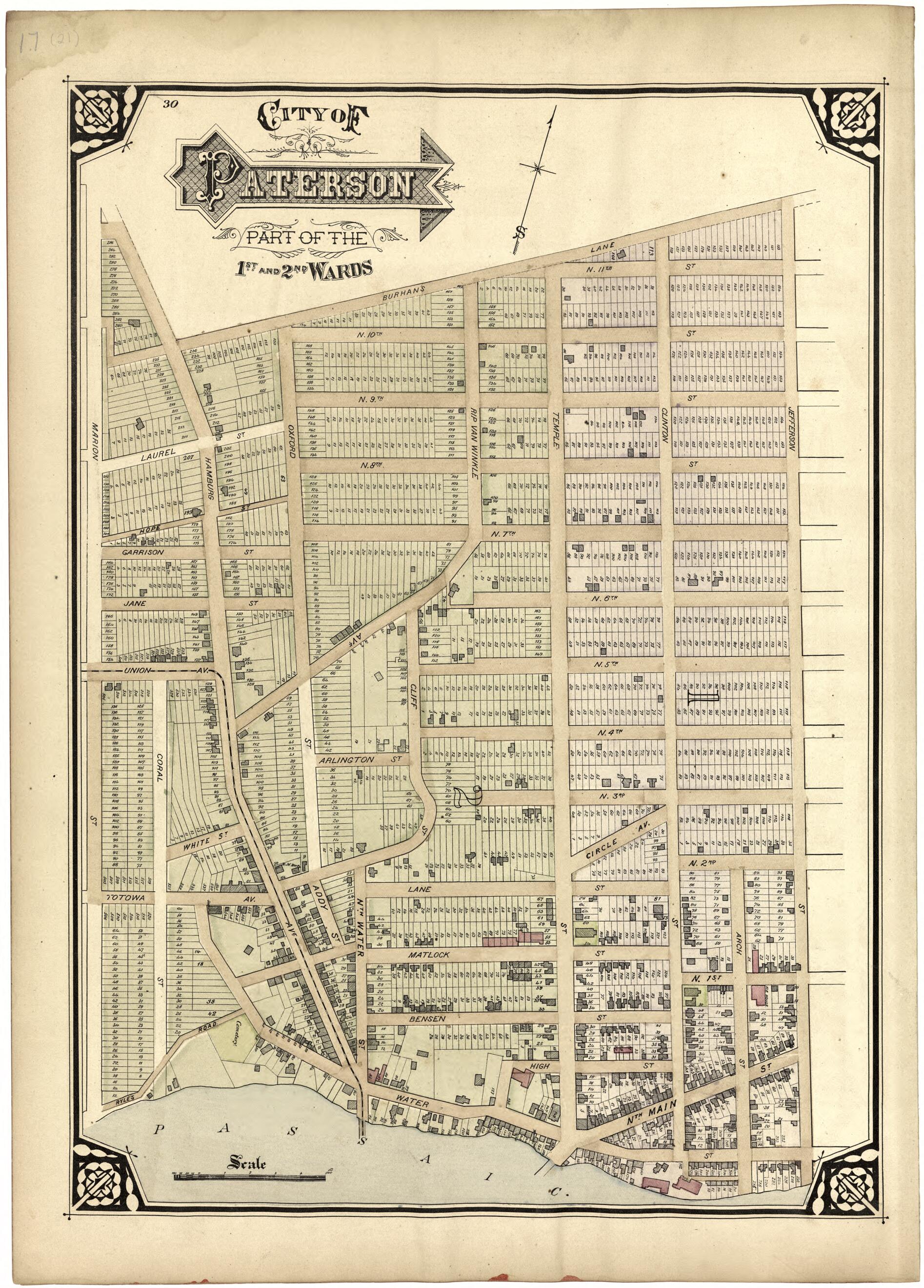 This old map of City of Paterson Part of the 1st and 2nd Wards from Atlas of Passaic County, New Jersey from 1877 was created by E.B. Hyde & Co in 1877