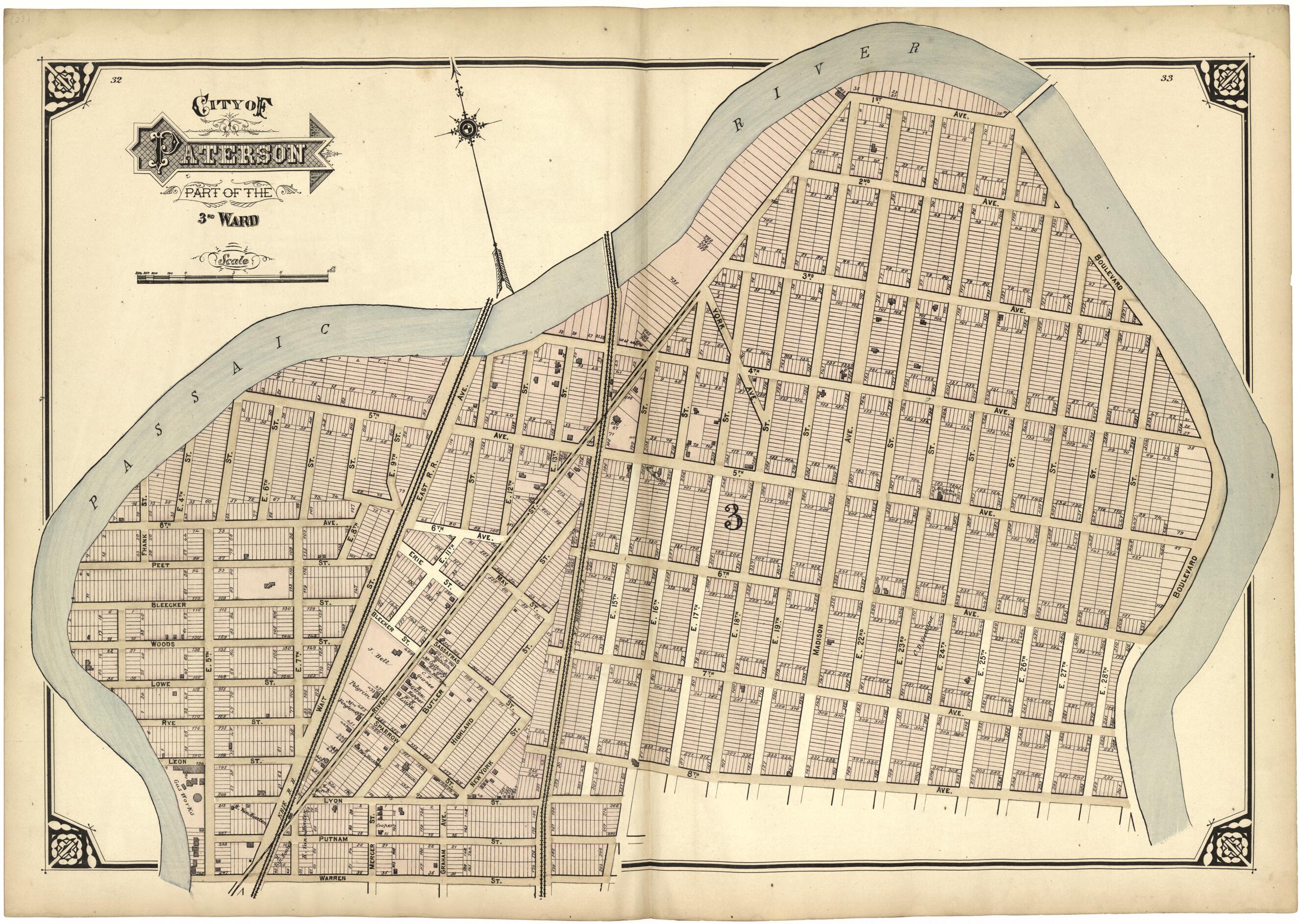 This old map of City of Paterson Part of the 3rd Ward from Atlas of Passaic County, New Jersey from 1877 was created by E.B. Hyde & Co in 1877