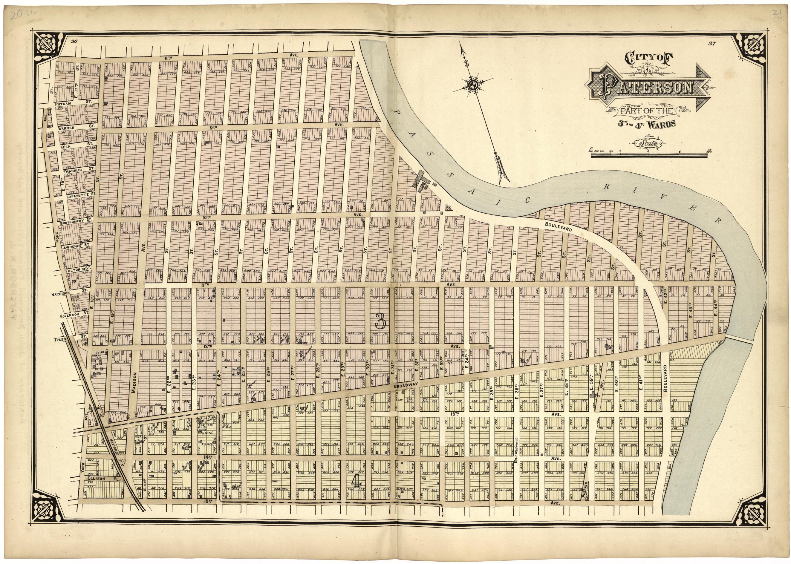 This old map of City of Paterson Part of the 3rd and 4th Wards from Atlas of Passaic County, New Jersey from 1877 was created by E.B. Hyde & Co in 1877