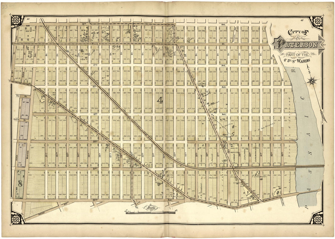 This old map of City of Paterson Part of the 4th 5th and 8th Wards from Atlas of Passaic County, New Jersey from 1877 was created by E.B. Hyde & Co in 1877