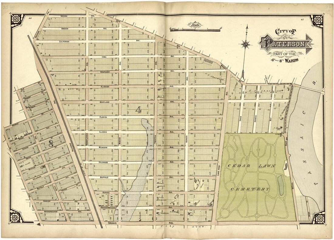 This old map of City of Paterson Part of the 4th and 8th Wards from Atlas of Passaic County, New Jersey from 1877 was created by E.B. Hyde & Co in 1877