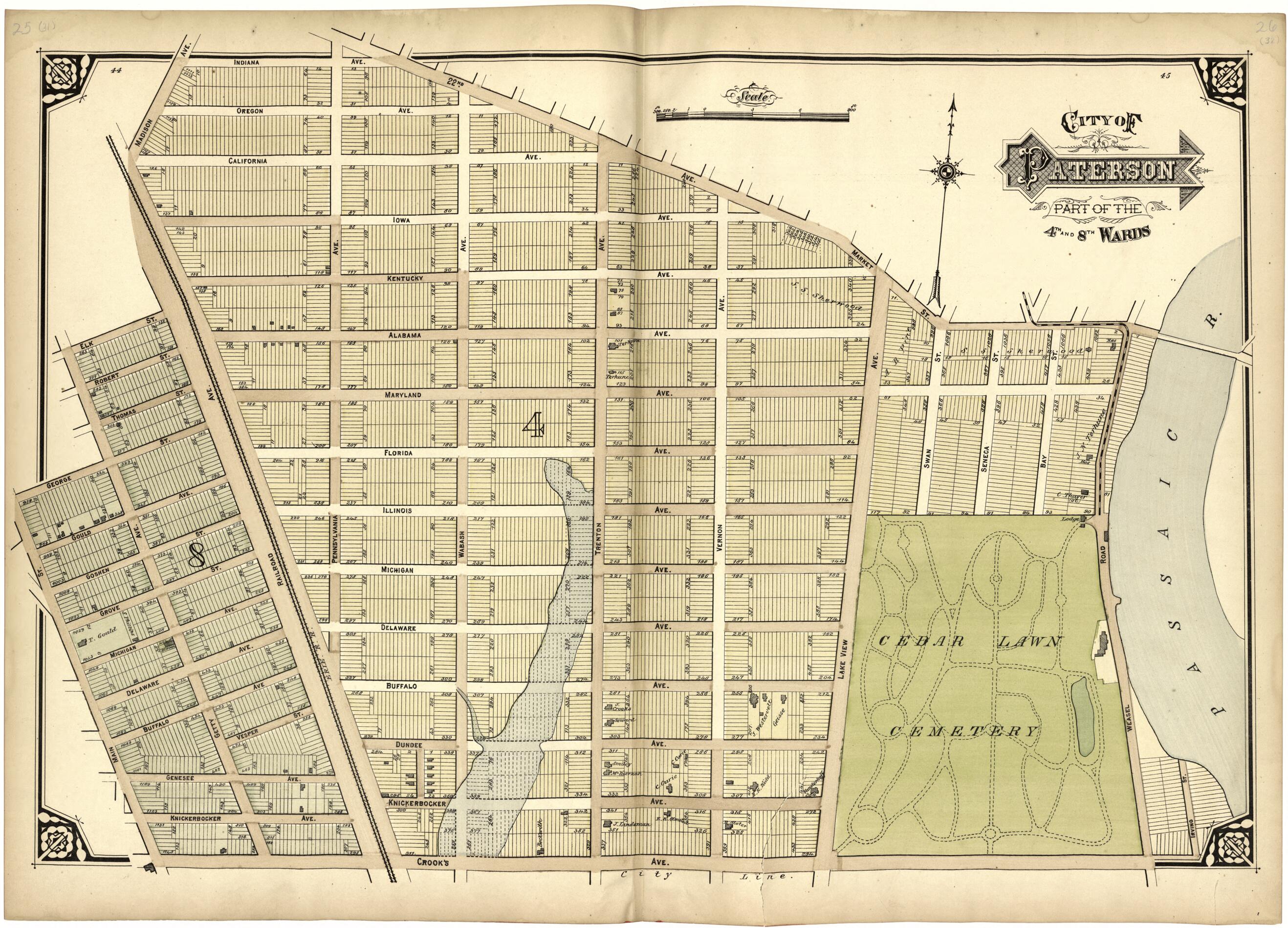 This old map of City of Paterson Part of the 4th and 8th Wards from Atlas of Passaic County, New Jersey from 1877 was created by E.B. Hyde & Co in 1877