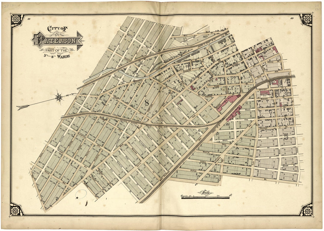 This old map of City of Paterson Part of the 5th and 8th Wards from Atlas of Passaic County, New Jersey from 1877 was created by E.B. Hyde & Co in 1877