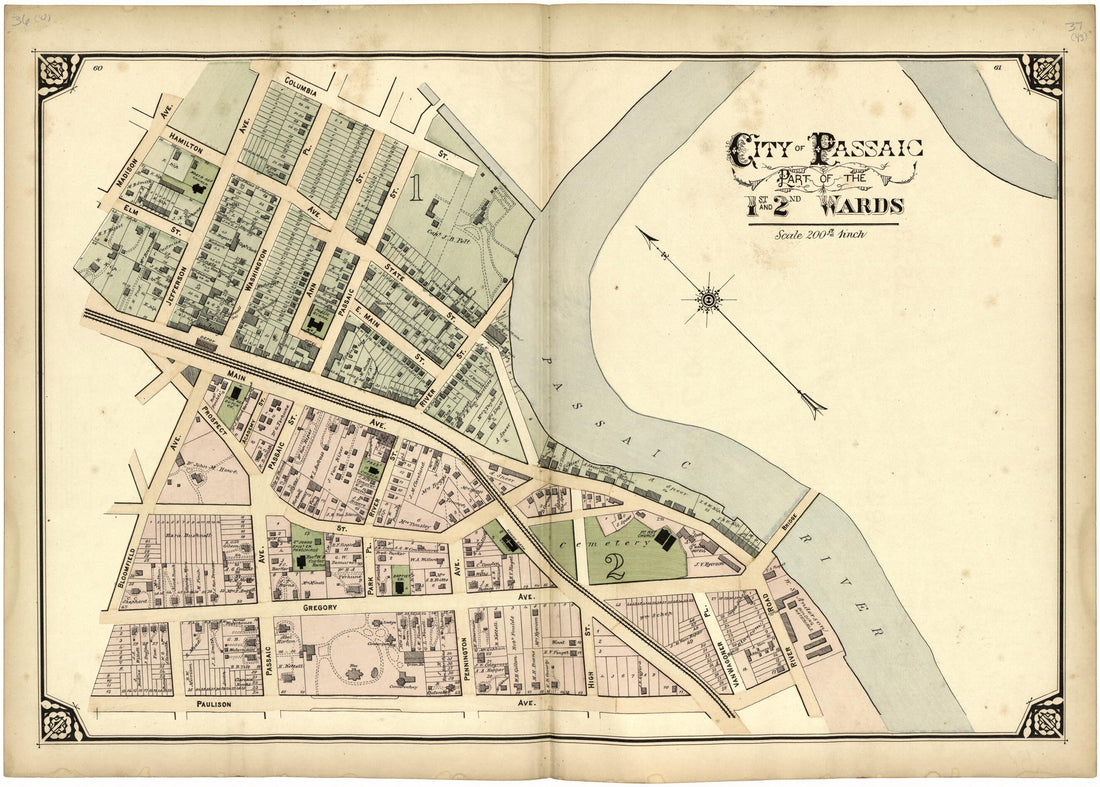 This old map of City of Passaic Part of the 1st and 2nd Wards from Atlas of Passaic County, New Jersey from 1877 was created by E.B. Hyde & Co in 1877