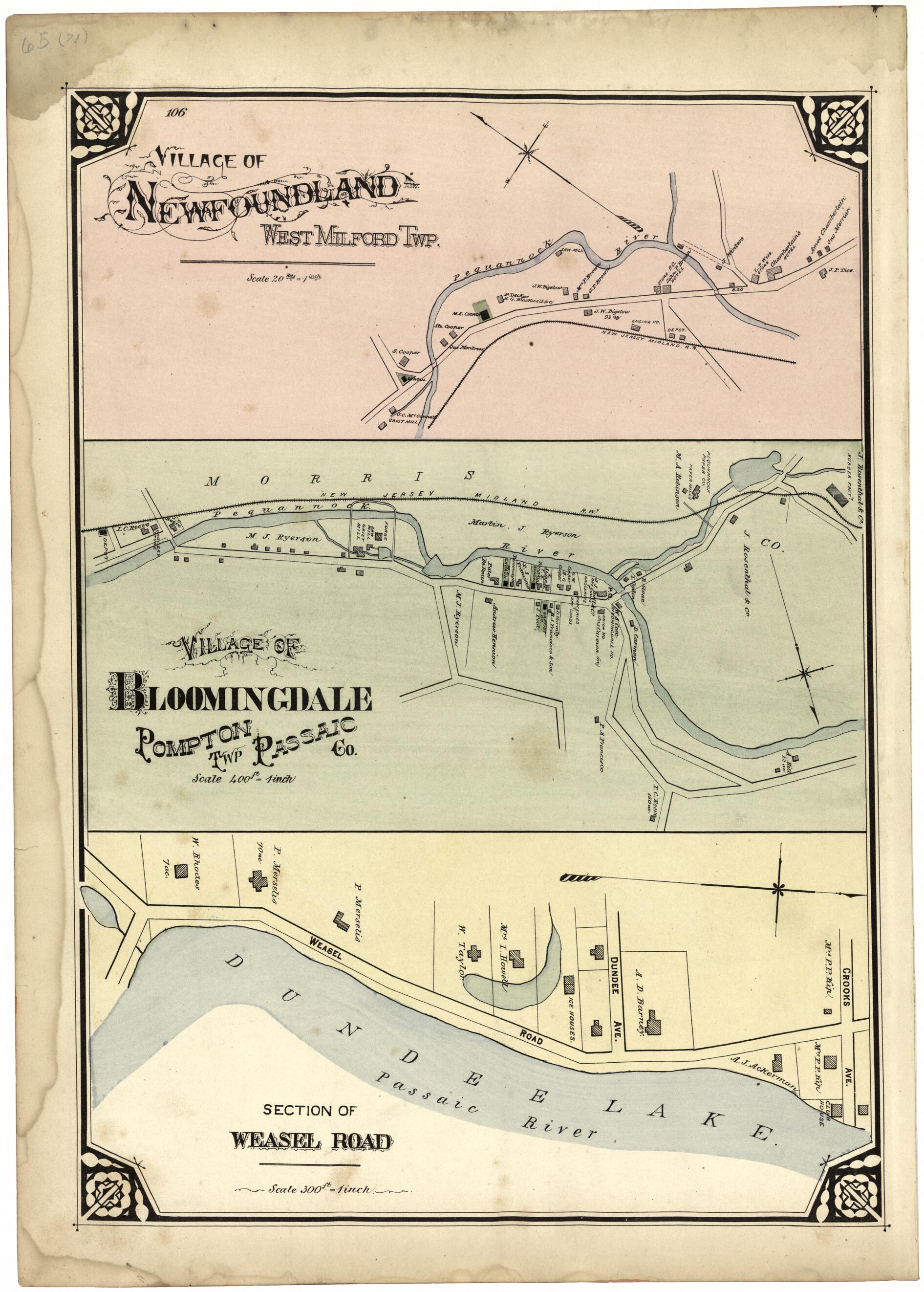 This old map of Village of Newfoundland; Village of Bloomingdale; Section of Weasel Road from Atlas of Passaic County, New Jersey from 1877 was created by E.B. Hyde & Co in 1877