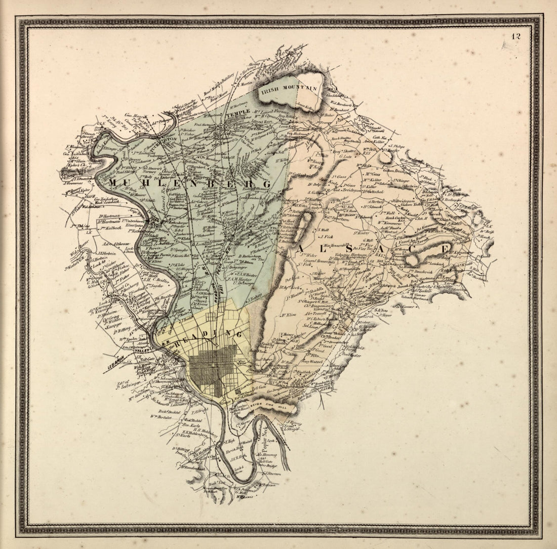 This old map of Alsace and Muhlenberg Townships from Berks County from 1862 was created by L. Fagan in 1862