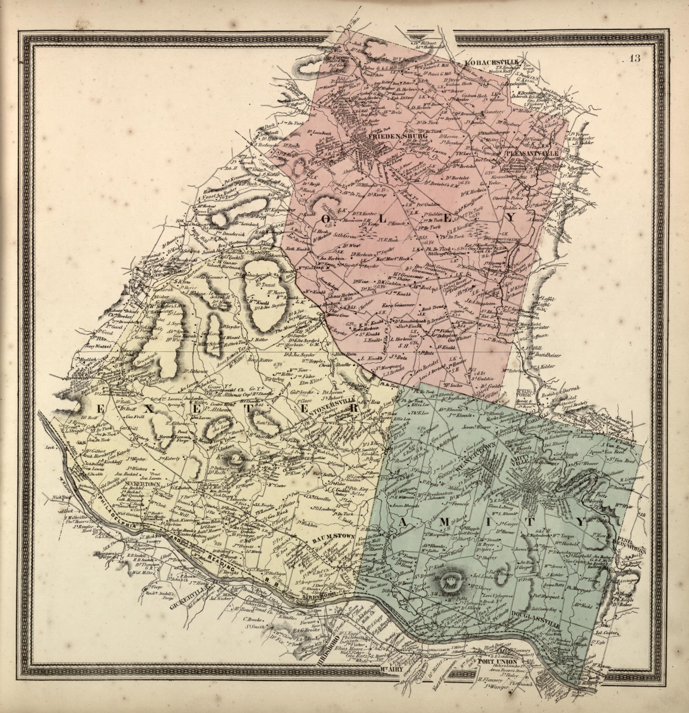 This old map of Exeter and Oley Townships from Berks County from 1862 was created by L. Fagan in 1862