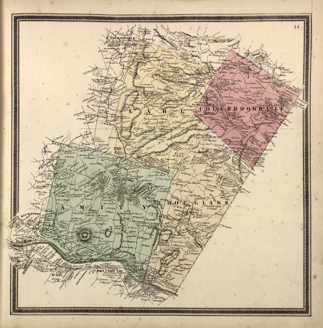 This old map of Amity, Colebrookdale, Douglass, and Earl Townships from Berks County from 1862 was created by L. Fagan in 1862