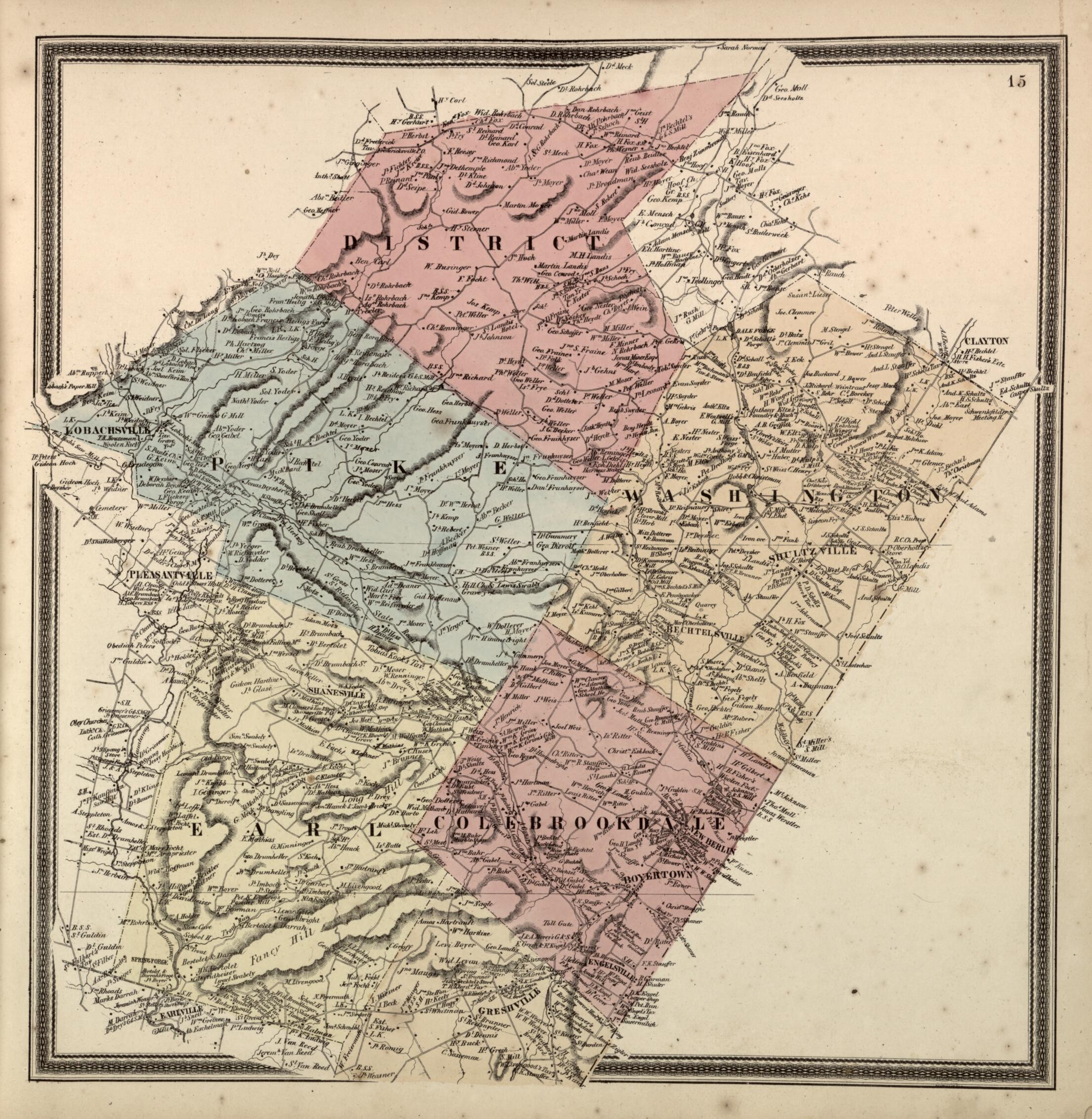 This old map of Pike and Washington Townships from Berks County from 1862 was created by L. Fagan in 1862