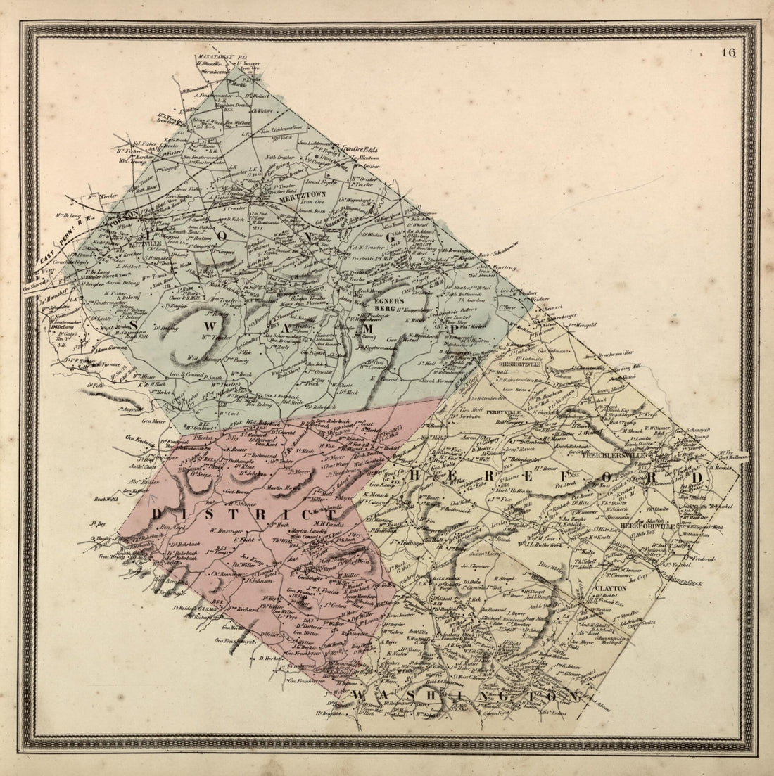 This old map of District, Hereford, and Long Swamp Townships from Berks County from 1862 was created by L. Fagan in 1862