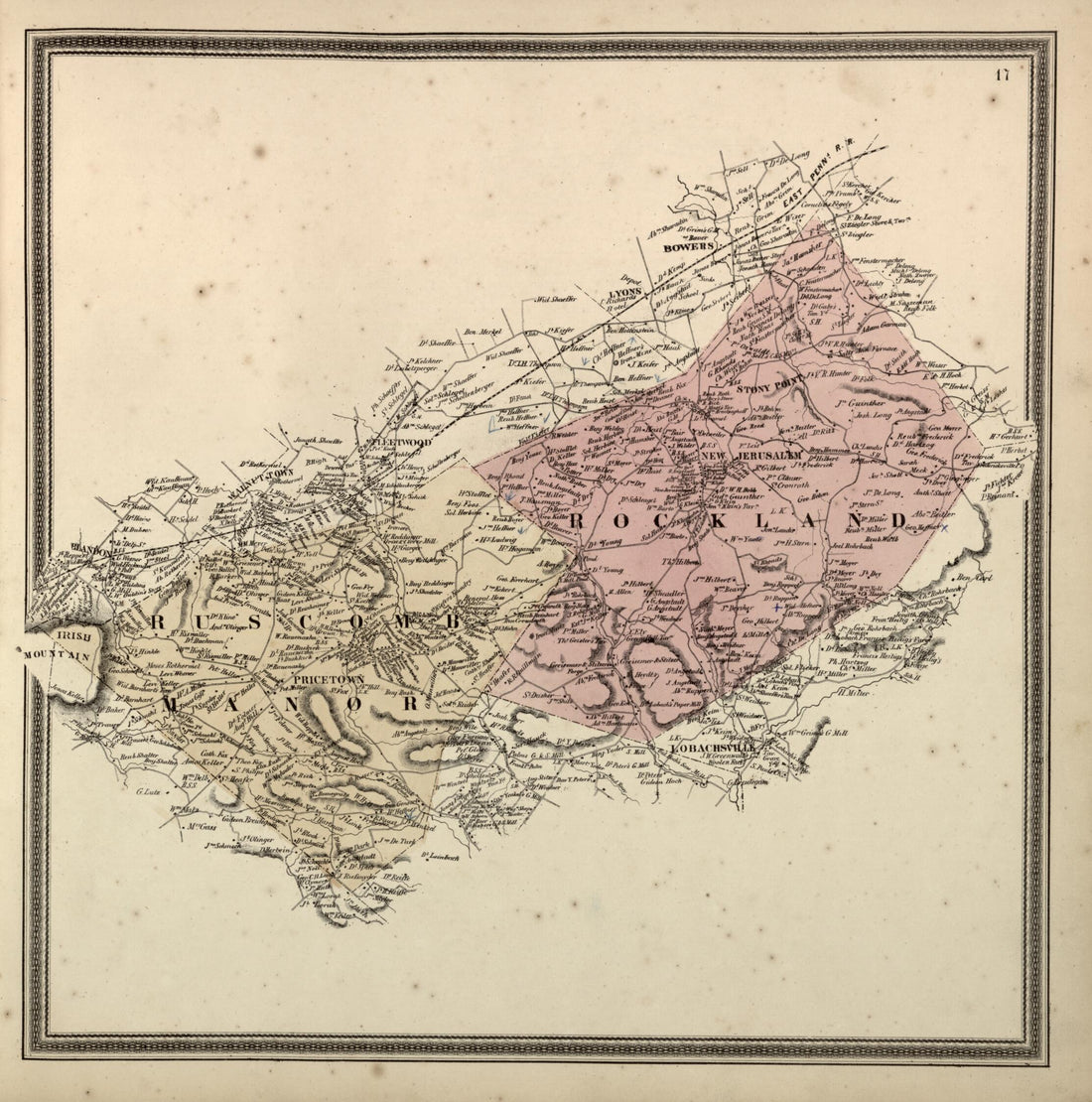This old map of Rockland and Ruscombmanor Townships from Berks County from 1862 was created by L. Fagan in 1862