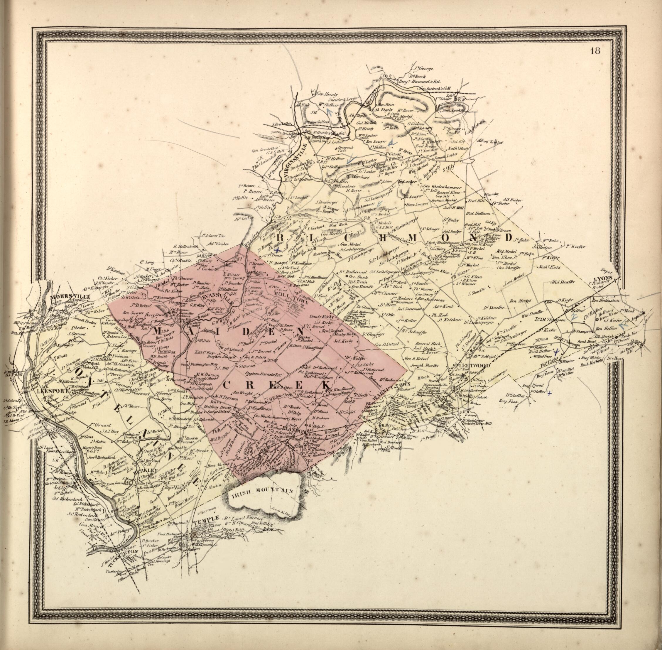 This old map of Maiden Creek, Ontelaunee, and Richmond Townships from Berks County from 1862 was created by L. Fagan in 1862
