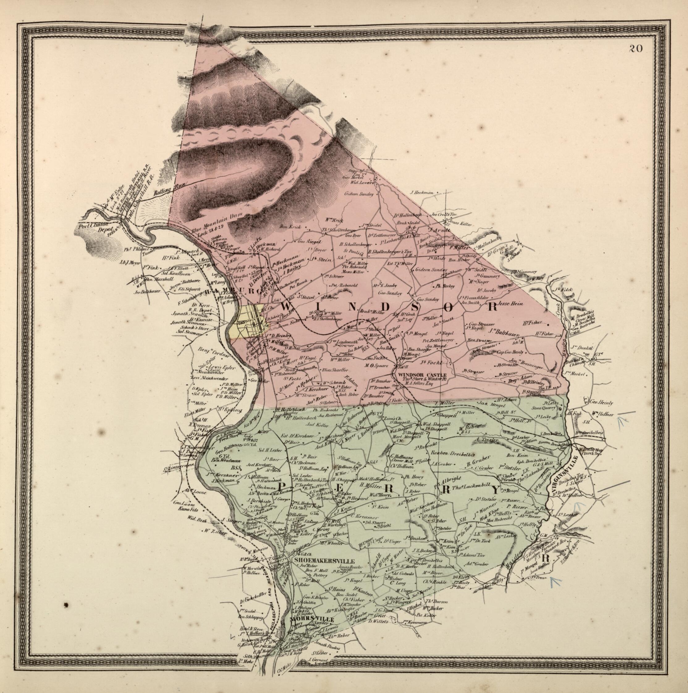 This old map of Perry and Windsor Townships from Berks County from 1862 was created by L. Fagan in 1862