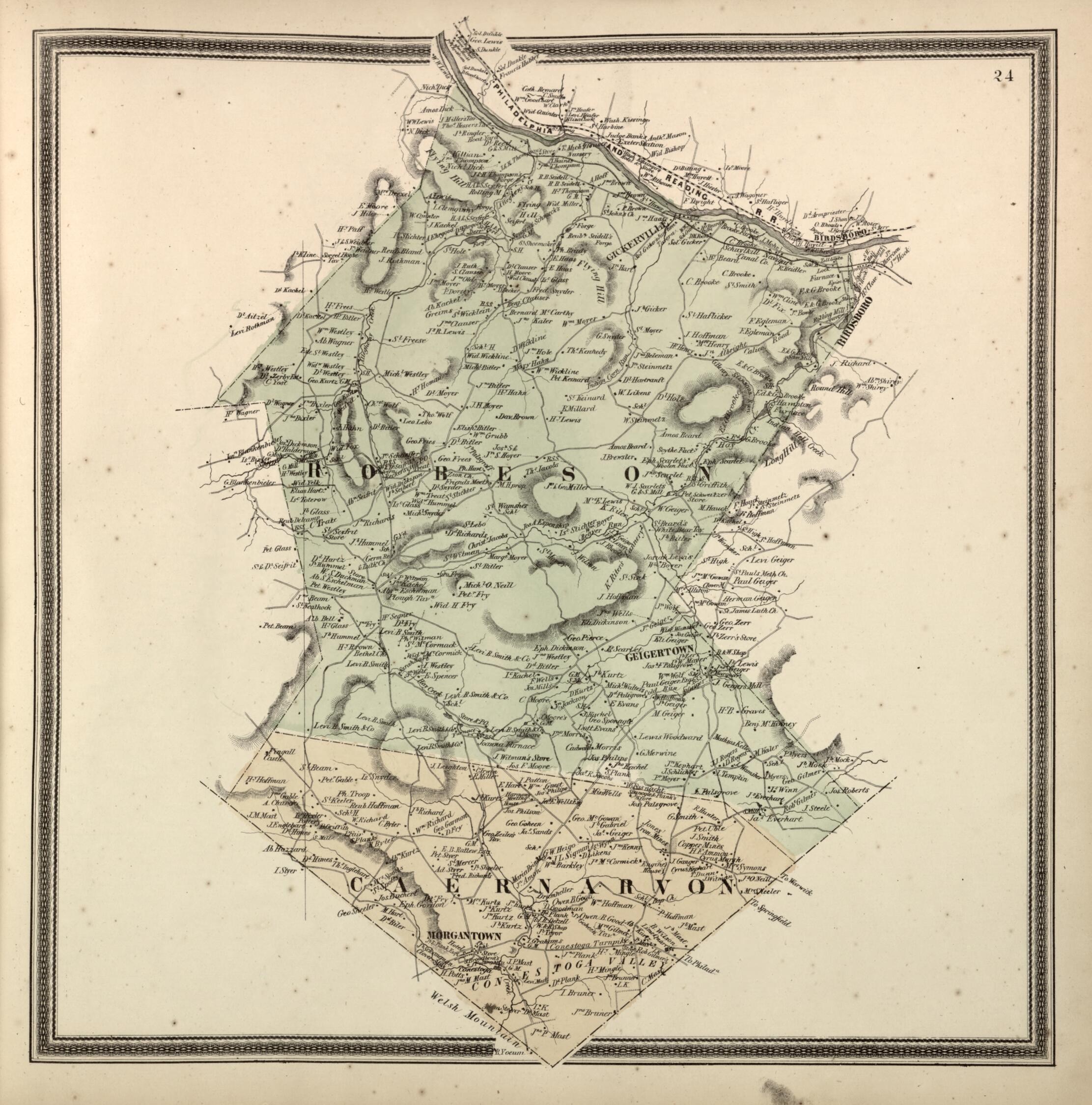 This old map of Caernarvon and Robeson Townships from Berks County from 1862 was created by L. Fagan in 1862
