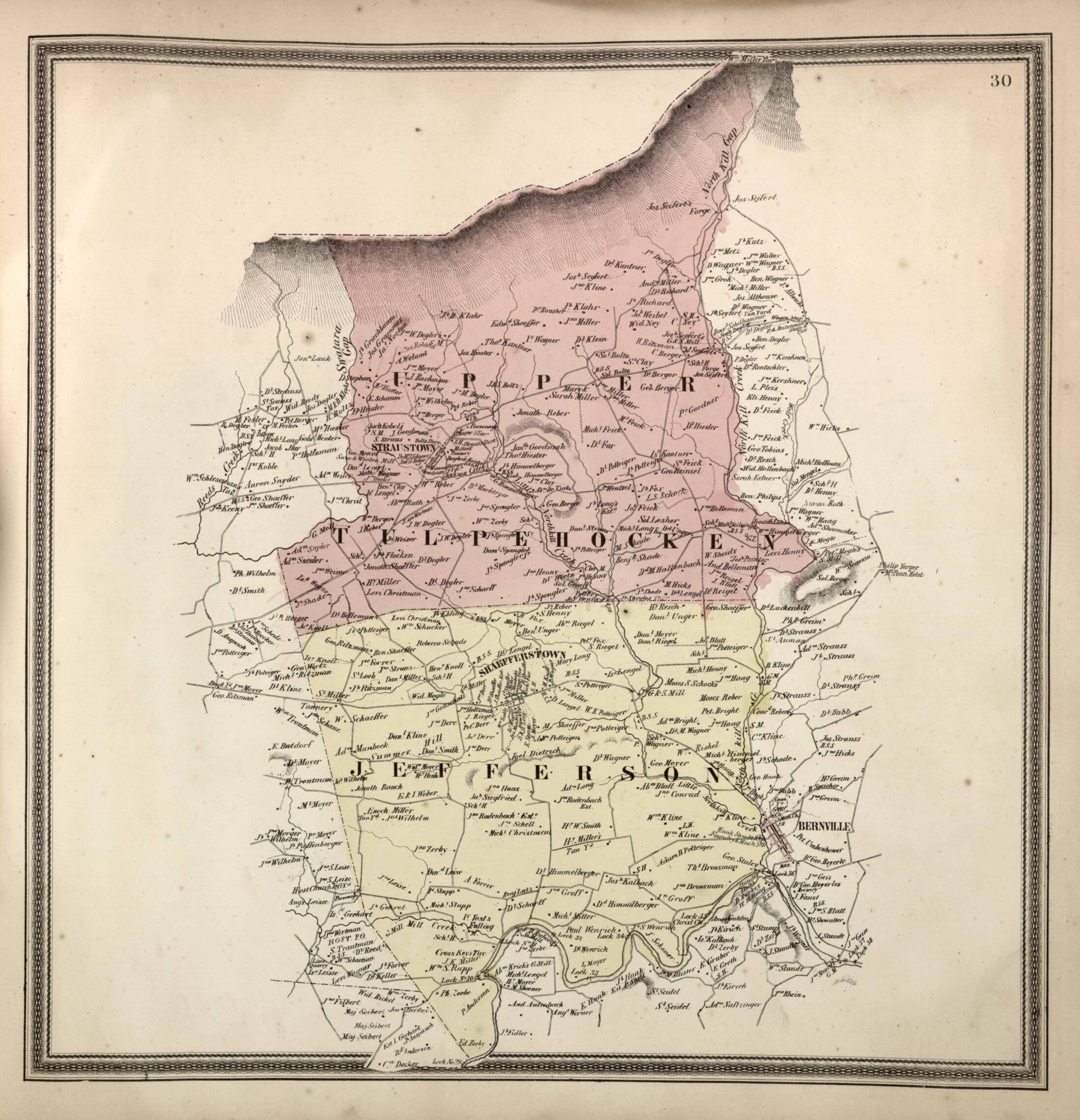 This old map of Jefferson and Tulpehocken, Upper Townships from Berks County from 1862 was created by L. Fagan in 1862