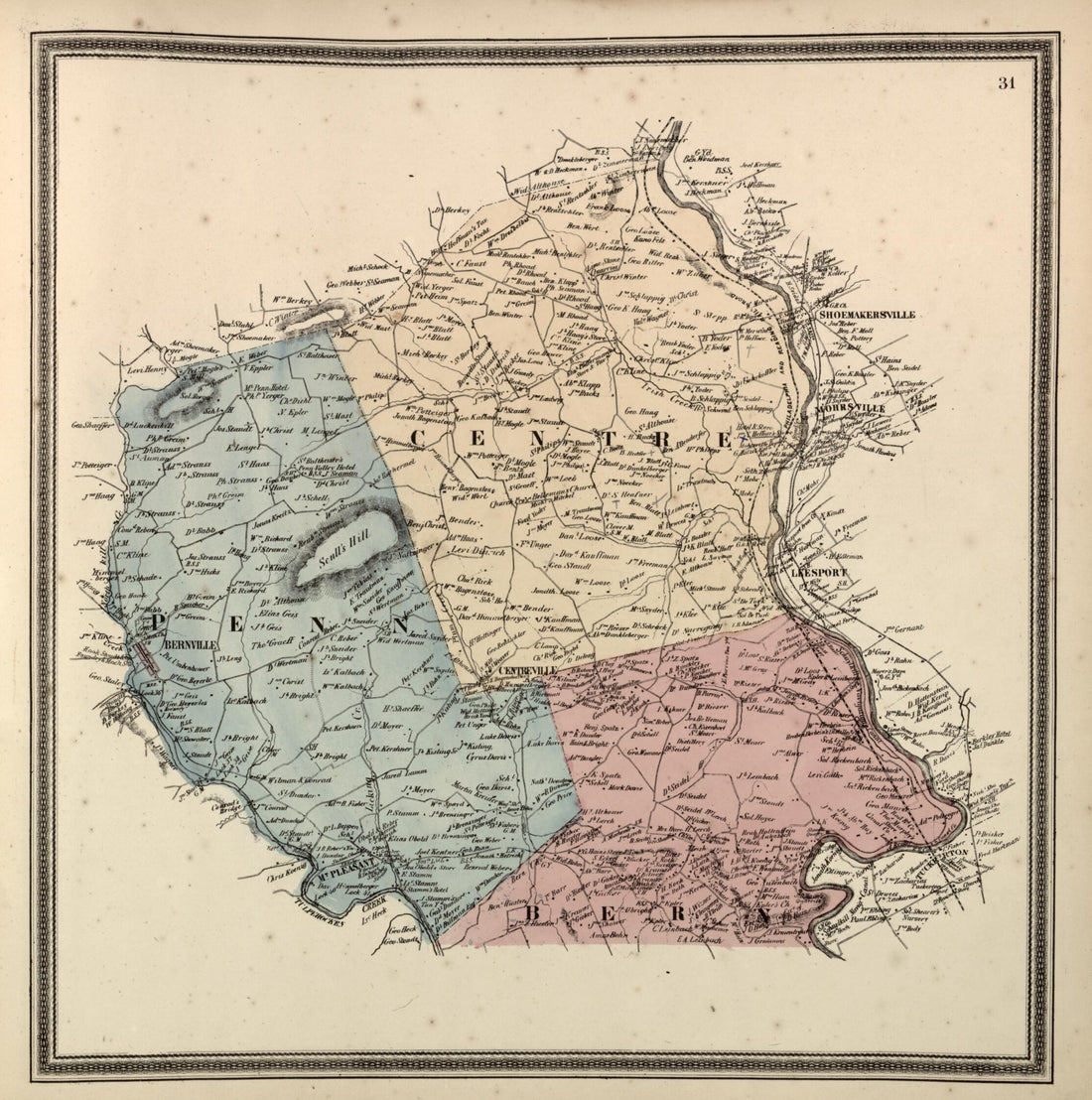 This old map of Centre and Penn Townships from Berks County from 1862 was created by L. Fagan in 1862