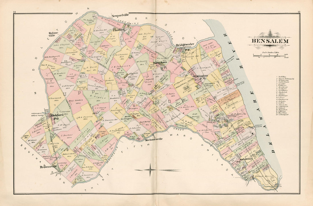 This old map of Bensalem from Atlas of Bucks County, Pennsylvania from 1891 was created by A. H. (August H.) Mueller in 1891
