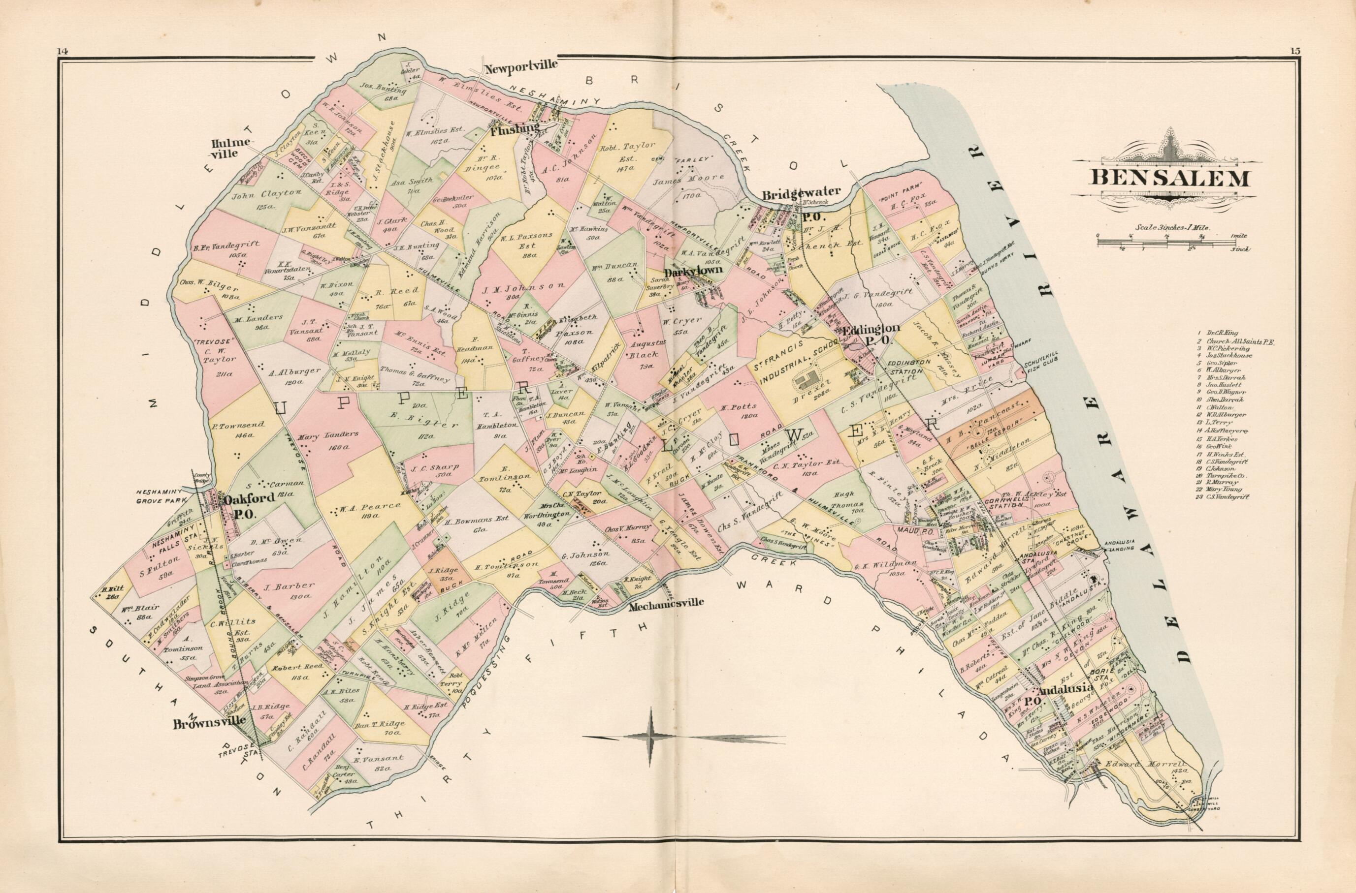 This old map of Bensalem from Atlas of Bucks County, Pennsylvania from 1891 was created by A. H. (August H.) Mueller in 1891