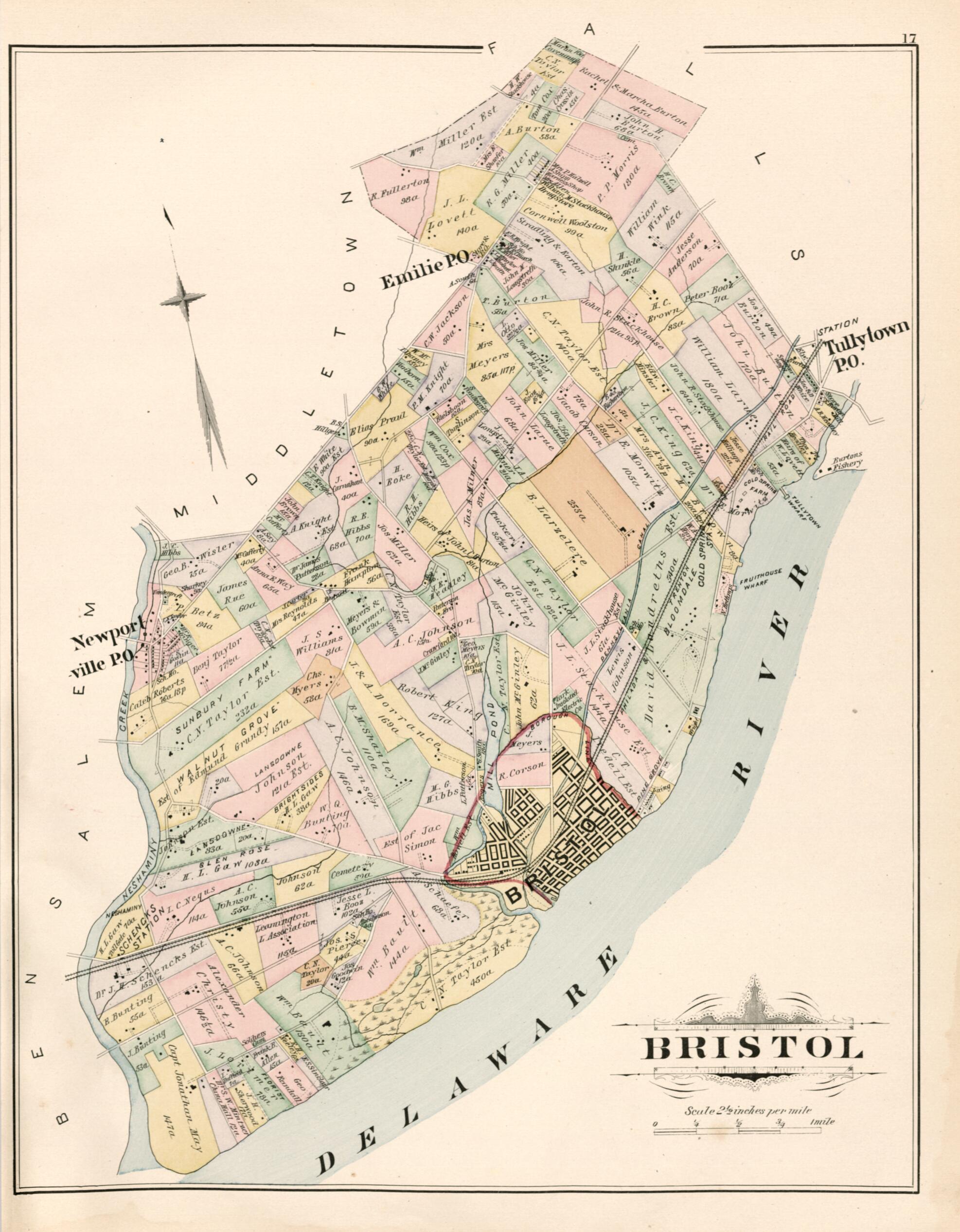 This old map of Bristol from Atlas of Bucks County, Pennsylvania from 1891 was created by A. H. (August H.) Mueller in 1891